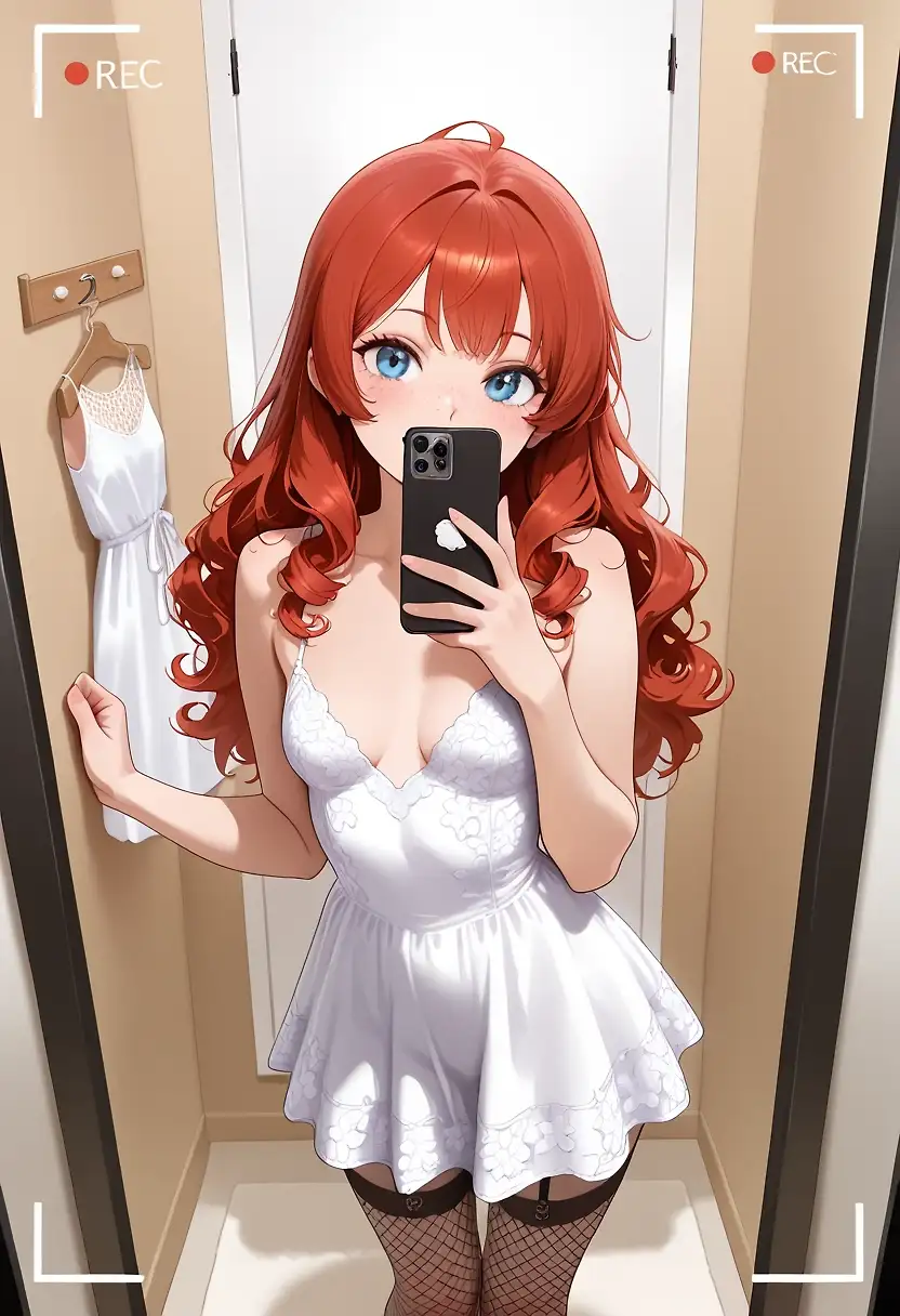 AI art 'Suzy in the fitting room' with user description 'Today Suzy is going to the mall to try a new dress to go with her underwears ... she wanna know what you think about it ?'