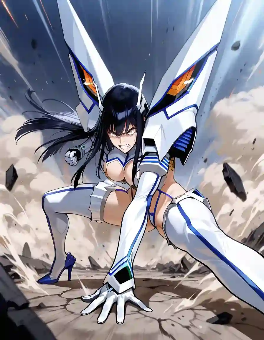AI art 'Satsuki Kiryūin.' for prompt: 'Satsuki Kiryuin wearing Junketsu, furious, teeth, straight hair.
landing from the sky with immense power, crouching in a dynamic pose, a circular shockwave spreading outward, dust cloud and debris rising all around, cracked ground, cinematic action lines, epic dramatic anime scene,'