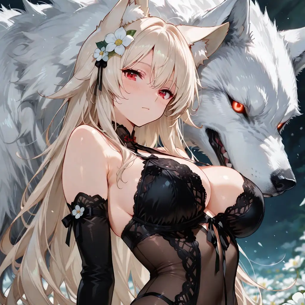 AI art 'Wolfbound Beauty for @hollenwulf 🐺' with user description 'I brought out one of my most beautiful creations for this one.
Show the man some love, he absolutely earned it! 🐺🖤

@octavian @peterco @warmicestudios @smut317 @gildenstein @casca_kirei-onna @heihund @bad77 @a_casual_prompter @parda @terror2 @hollenwulf @varcolac @zerogroupe21 @goobygubby @cro_bo @saltymajor778 @zesoul @azariel'