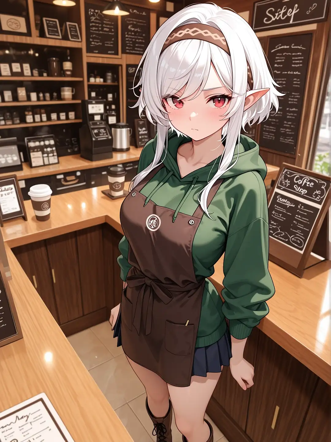 AI art 'Kuudere Challenge: Endra' with user description 'Here my submission for @zesoul ’s Kuudere challenge!

This is Endra, the daughter of a royal elven family. She decided to distance herself from all of that and moved to the city, where she’s started living on her own (with a tiny bit of help from her family 😅). I’ve actually had her in the chamber for a good while, and I decided now was the perfect time to use her.

1. Endra works at a small cafe. Her customer service might not be A+ given her icy demeanor, but she makes a mean cup of coffee ☕️
2. Endra is cold and distant with those around her, even with a certain boy she’s met. She especially hates when he keeps her waiting 🙄
3. However, when they’re alone, she lets her guard down. She LOVES cuddling and sleeping with her arms around him, especially if the sun just happens to be setting behind them 🥰
4. Having grown up in a royal family, she was always given the most extravagant meals. Deep down, she grew bored of it and started hating the fancy meals she was given. Now, she loves getting fast food French fries. She’s never had anything like them before 🍟
5. Surrounded by nobility and eloquence, Endra only listened to whatever her parents paid to be played. Now, one of her favorite things to do is lay on her bed and listen to new music; she’s grown to really love alternative and punk rock 🎸
6. Endra LOVES squatting on his cock. The angle of entry, the plaps, seeing herself move up and down on it, she can’t get enough. She also loves being able to look at his face when she does it 😮‍💨
7. Despite it all, her dream has always been to get married. Her family tried controlling every aspect of her life, even her marriage, so she had enough and left. She dreams of marrying the man she loves, someone SHE gets to choose. 👰‍♀️

Let’s see some more kuudere babes! There’s been a lot of challenges lately, so apologies if I miss one or don’t get to it, but I see all these posts and love them all! It’s great to see everyone be so collaborative and creative. Here’s looking at you now!

@cro_bo @peterco @terror2 @warmicestudios @parda  @zuzul @zerogroupe21 @barry915 @a_casual_prompter @gildenstein'