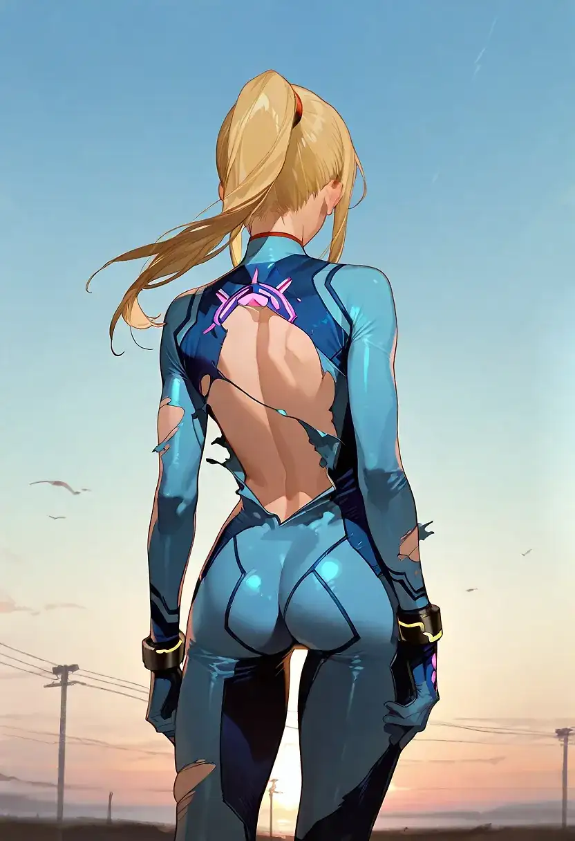 AI art 'samus' for prompt: 'samus aran, torn suit, back exposed, standing, open sky, zhibuji loom,((rei \(sanbonzakura\))),(( kinta \(distortion\))),(((wang xi))),'