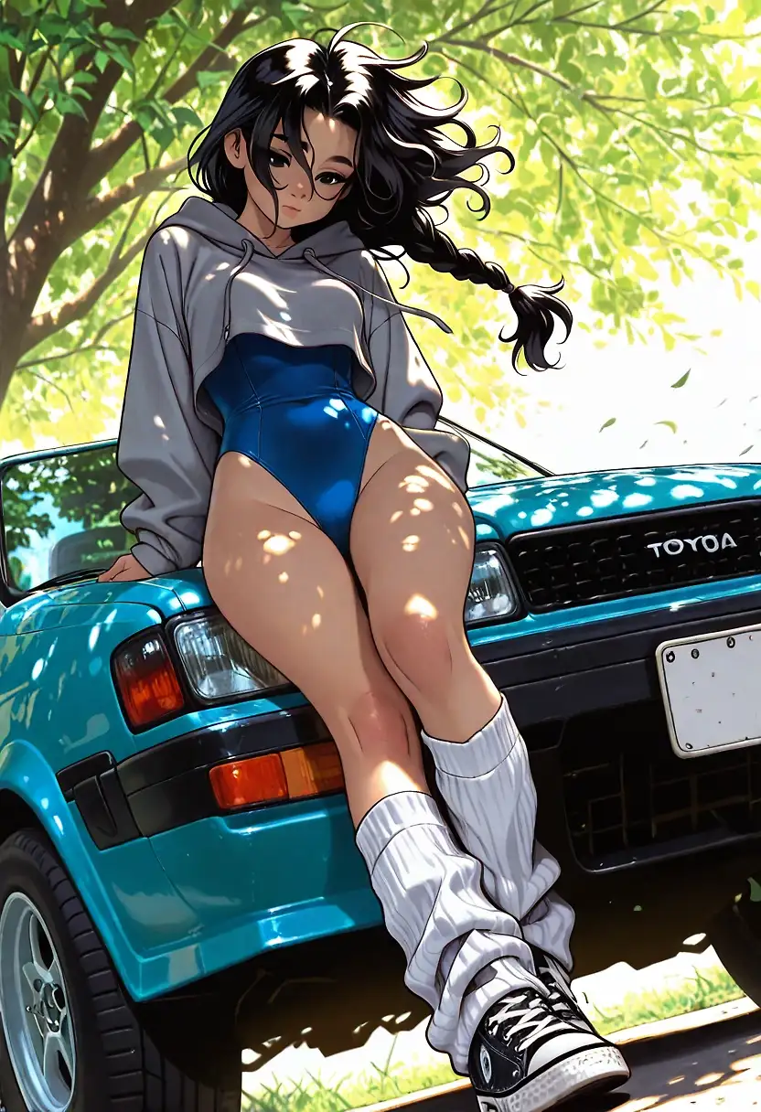 AI art '1980s Lucy' with user description 'Lucy likes cars and the 80s. Anyone a fan of the Trueno?'