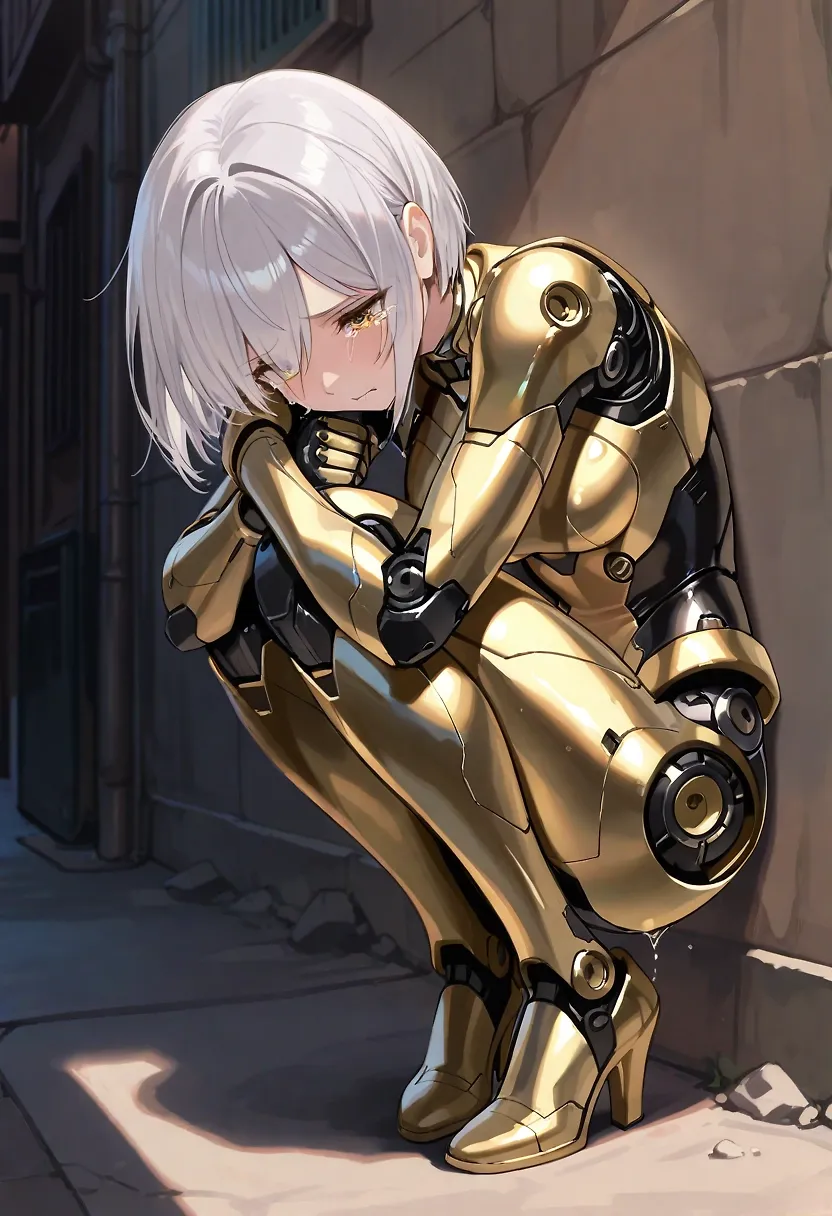 AI art "Cybernetic Distress" with user description "Addison-Shigashi Cybernetic Empathic Companion Model Delta-9, "Cynthia," was experiencing deep emotional pain. Dorothy Adams, the female human Cynthia cohabited with, had lashed out at Cynthia, calling the android a worthless, annoying, and irritating cybernetic bitch. Dorothy had stormed off to her bedroom, leaving Cynthia feeling hurt and shaken. The android suddenly felt the urge to run away. So Cynthia ran and ran until she found herself standing in an old inner-city alley. Cynthia crouched against an alley wall and hugged herself, as tears ran down her face..."