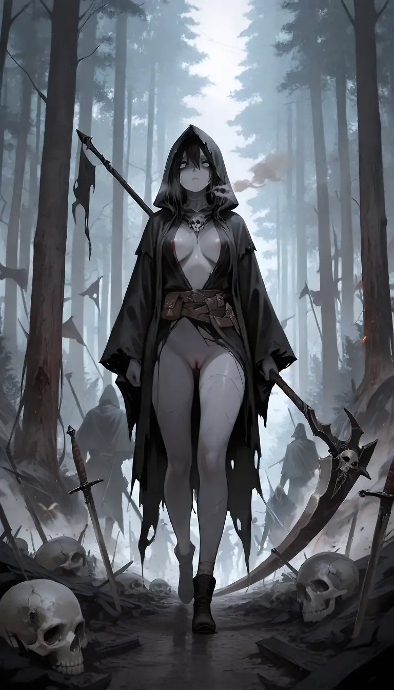 AI art '💀 Grim Reaper Girl' with user description '@warmicestudios @zuzul @cef_ultra @bad77 @parda @zesoul, what are your impressions?

Certainly not exactly the playful catgirls, right? 😼'