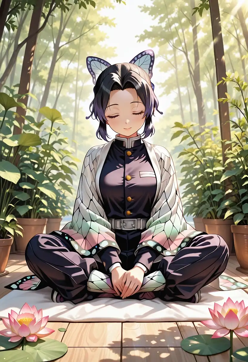 AI art 'Shinobu Meditation' with user description 'Shinobu getting a surprise during meditation.'
