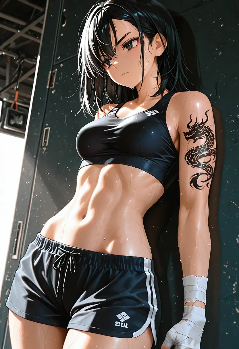 AI art 'Anna' with user description 'Anna likes to train and stay fit. If I do more stuff with her I'll likely get rid of the tattoo for consistency. Would need another sort of unique detail to make her less generic.'