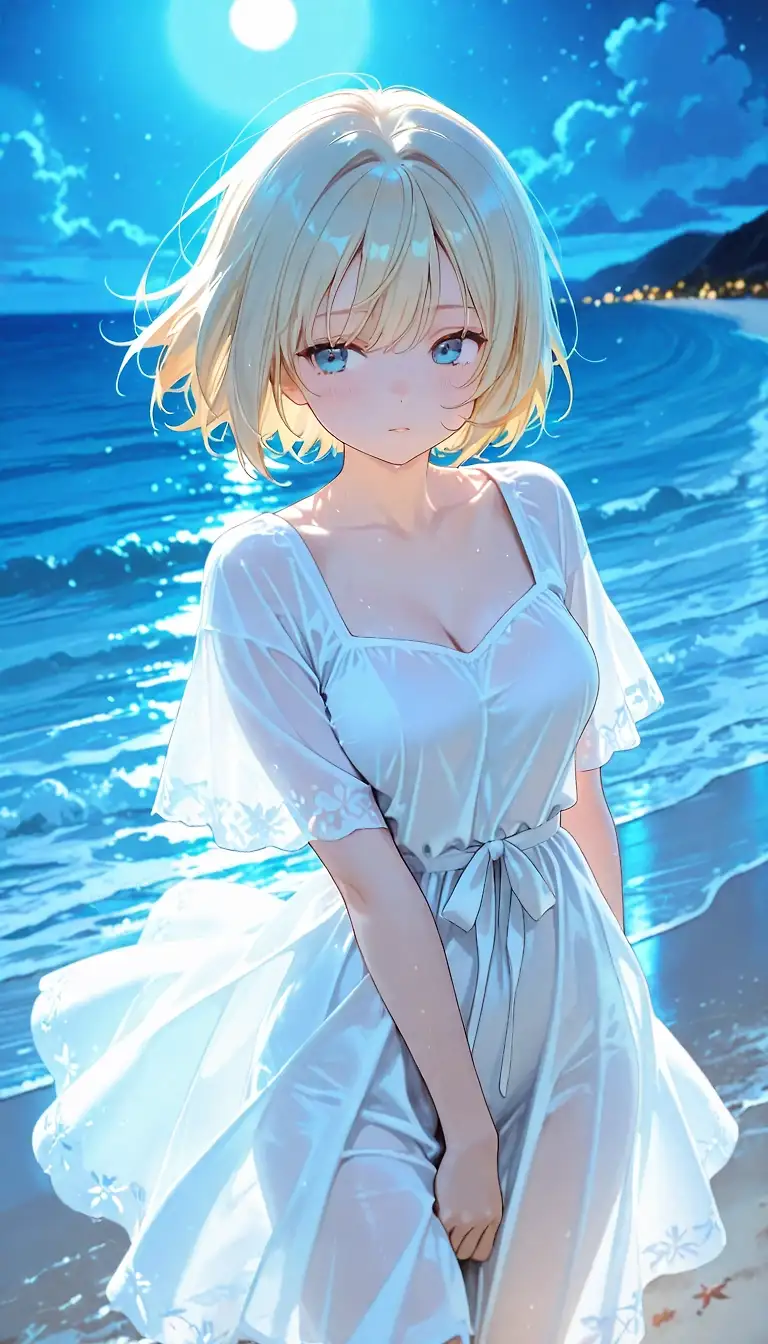 AI art 'Bonfire on the beach' with user description 'I've been feeling quite romantic lately. The girl's name is Katrina. She's going to have a memorable night at the beach...'