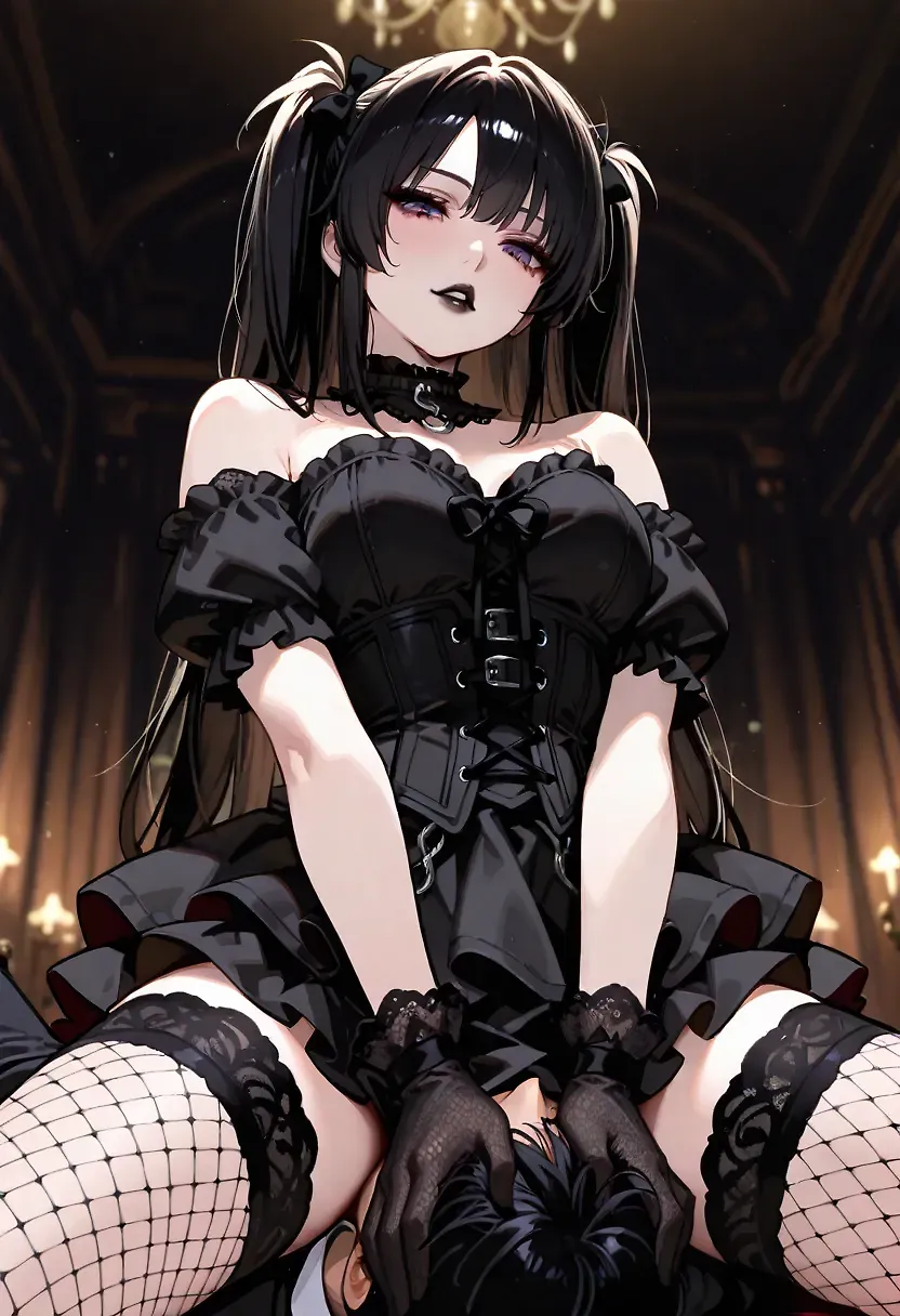 AI art "don't toy with gothic girls" for prompt: "Gothic two side ponytails, Long hair, black laces, off-shoulder dress strapless, ruffled, short sleeves, lace ruffled gloves, fishnet stockings underbust, parted lips black lipstick, 1man lying, femdom, sitting on face, grab another's head."