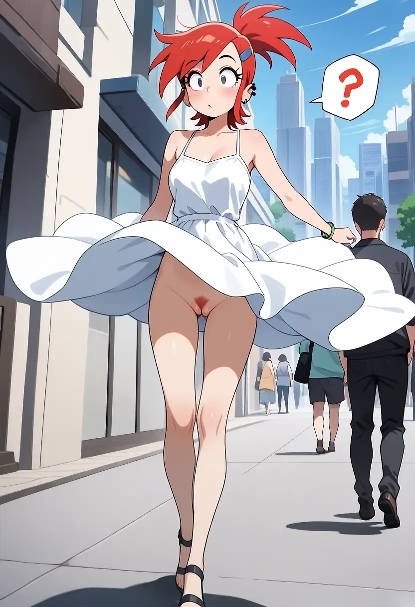 AI art 'Did I put on panties today?' with user description 'Frankie walks during a windy day.'