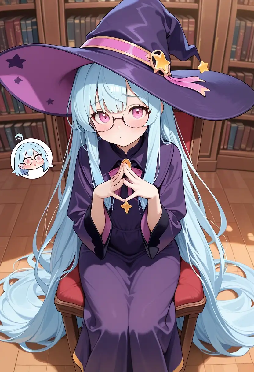 AI art '20 Questions With Runie!' with user description '(New series, get to know the OCs with a nice little interview.  Have a question that wasnt covered in the interview?  Drop it in the comments and Runie will answer!)

~ 20 Questions ~

> = Interviewer
R: = Runie

> To start, please state your full legal name.

R: Runie Caldwell

> Do you have any nicknames or aliases?

R:  Ember calls me "little witch" sometimes, does that count?

> Close enough I suppose.  What do you do for work?

R: I'm a full time student!  I'm going for a Master's in Alchemical Sciences.  Maybe a minor in Enchantments.

> And those are real majors?

R: Yeah, I got a scholarship and everything!  Don't act like magic isnt real.

> I see, well what do you like to do for fun when you arent studying?

R: Mostly messing about in the potion lab.  That probably counts as studying still though, but its fun to leave the formulas behind and just vibe it, you know?  Even if it does blow up every now and then.  No one's gotten hurt at least!  Not yet anyway... but fingers crossed!

> Do you have any music you like, maybe what you listen to in the lab?

R: Kawaii Future Bass!

> ... I'm going to take your word that that's a real genre too.  Hey hey, dont pout.

R: Give it a shot!  It really gets the brain working.

> Fair enough.  What do you like to eat between all your experiments?

R: Pudding is the best!  Flan, vanilla, chocolate, banana, doesn't matter.  All you need is a spoon and you can pack a bunch of different flavors in advance.  You can even mix them up for new flavors!  Its kinda like alchemy, but with more sugar.

> How about the city?  Any hangout spots you frequent?

R: It probably sounds boring, but I'm in the library most days.  Either the big one at the college or the old one at the cathedral.  Sweetie does drag me out to touch grass every now and then though.

> You already mentioned your magic, but do you have any other special skills?

R: I can whistle, does that count?

> That'll do.  Any pets at home?

R: Gooey!  He's... I guess he doesn't really have a gender but he just feels like a little guy, you know?  He's a slime.  I might... have created him by accident.  But don't tell the board or I'll get expelled.  Lady says he reminds her of a cat, but I feel like he's kinda bunny-ish.

> And do you live close to school?

R: I live at school!  Well, at the dorms.  I dont have to share my room, which is nice.  Sometimes I spend a few nights at Sweetie's place though, if she wants to have a girl's night.

> I'm supposed to ask who your best friend is, but I'm guessing its this Sweetie person?

R: Yeah!  She goes by Sweetheart.  She has ever since... ever since... well, for a while now.  Her real name is Valerie, though.  We went to High School together.  Middle School too.

> And who would you say gets on your nerves the most?

R: Oh, definitely Ember.  She thinks her little robots and gadgets are so cool.  'Technology is superior to magic' she says.  Or 'Hey, I bet my robo-crab could beat Gooey in a battle!'.  Stuff like that.  Azuki is kinda similar, she doesn't really see the appeal in magic like I do, but Ember actually teases me about it.

> Anything you're particularly afraid of?

R: Heights.  It's why I failed out of broom riding class.  And why I have to ride the bus.  *laughs*

> Any aspirations?

R: I want to create a legendary potion one day.  Something as cool as the Love Potion, or the Invisibility Tonic.  Things everyone thinks of when they hear "magic".

> What would be an ideal date location?

R: A dessert cafe?  And maybe... a movie?  But dessert first.

> How about a vacation getaway?

R: Hot springs!  It does wonders for my hair, believe it or not.  Soaking in the warm water is like a dream... ah, especially if its snowing outside.

> You do have a lot of hair.  Speaking of hot and dreamy, lets get spicy for a moment.  Fo you have any particular fantasies?

R: *blushes* Huh?  Why are you asking that all of a sudden?

> Its good content for ratings!  I'm sure someone out there wants to know...

R: ... *mumbles*

> What was that?  One more time?

R: ...tentacles.

> Any elaboration?

R: *shakes her head*

> Ok, moving on.  What's a secret your friends don't know about you?

R: Aside from that last answer... *sighs*.   Sometimes Gooey eats small items the others leave laying around.  And I dont want him to get in trouble, so I pretend I dont know where they went.

> I see.  How muchevious.  Is there anything you'd like to add before our last question?

R: Is it too late to censor a previous answer?

> I'm afraid we're live.

R: Ah.  *Hides her face for a moment*. That's all.

> Last question then.  Have you ever... wished upon a star?  If so, what did you wish for?

R: *long pause* I wished ... for the world to be a more magical place.'