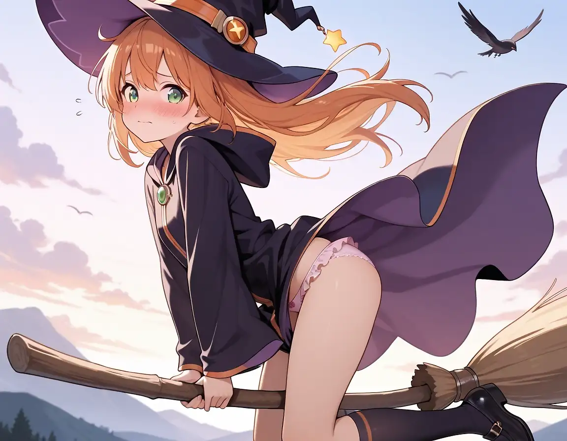 AI art 'Flying Practice' with user description 'They were warned to wear shorts until they got the hang of it, but theres always a few who underestimate wind magic's mischievous nature.'