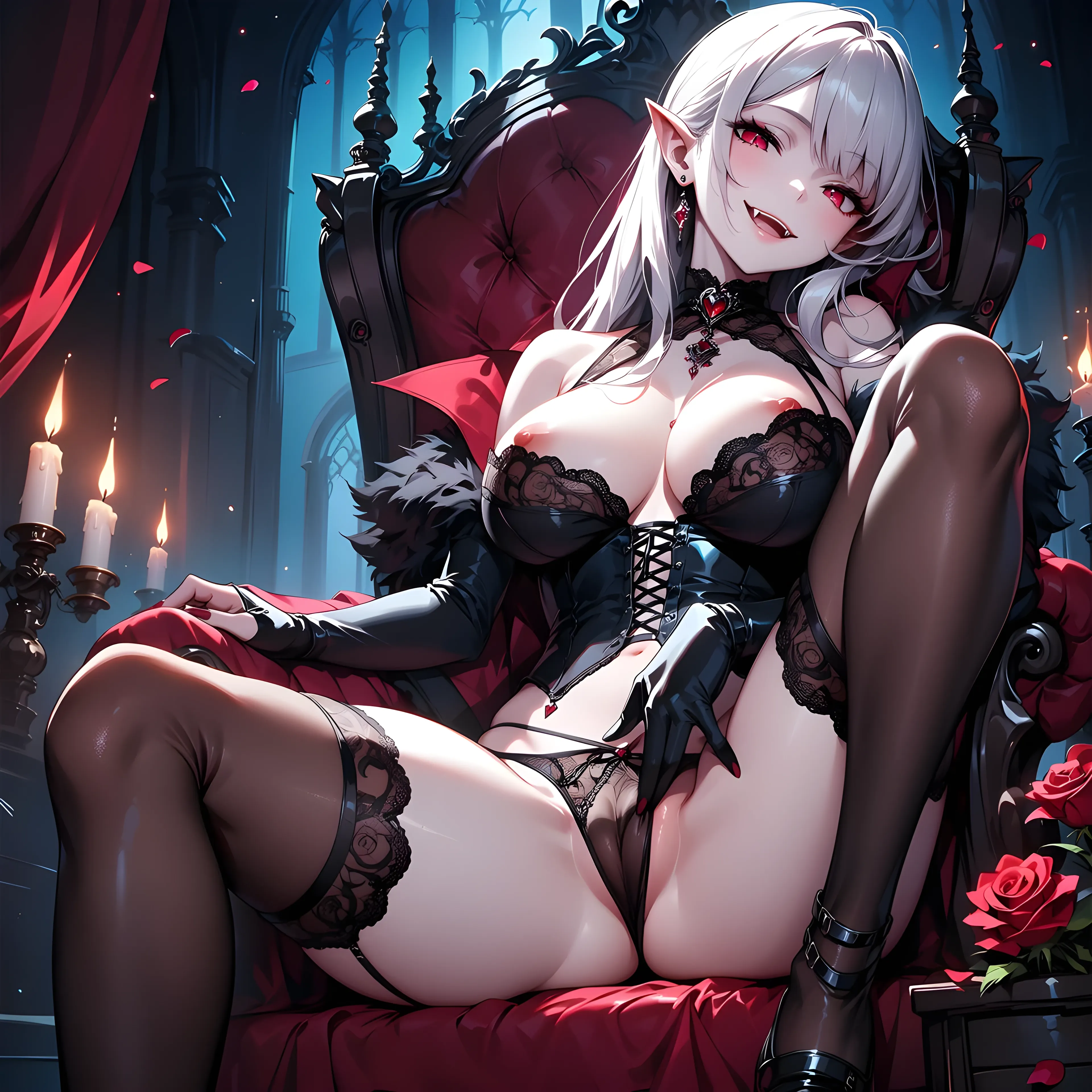 AI art "The Kiss of Midnight" with user description "Some creatures fear the night.
Others become part of it.

Between moonlight and silence, she smiles.
And somewhere beneath those fangs lies a promise... or a warning."