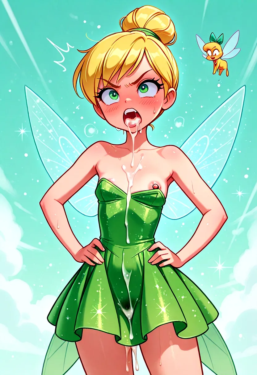 AI art "Tinkerbell not appreciative of your glitter glue" with user description "Telling her it’s a special homemade adhesive for glitter just made her more upset after should leaned you only apply it to the back of her throat!"