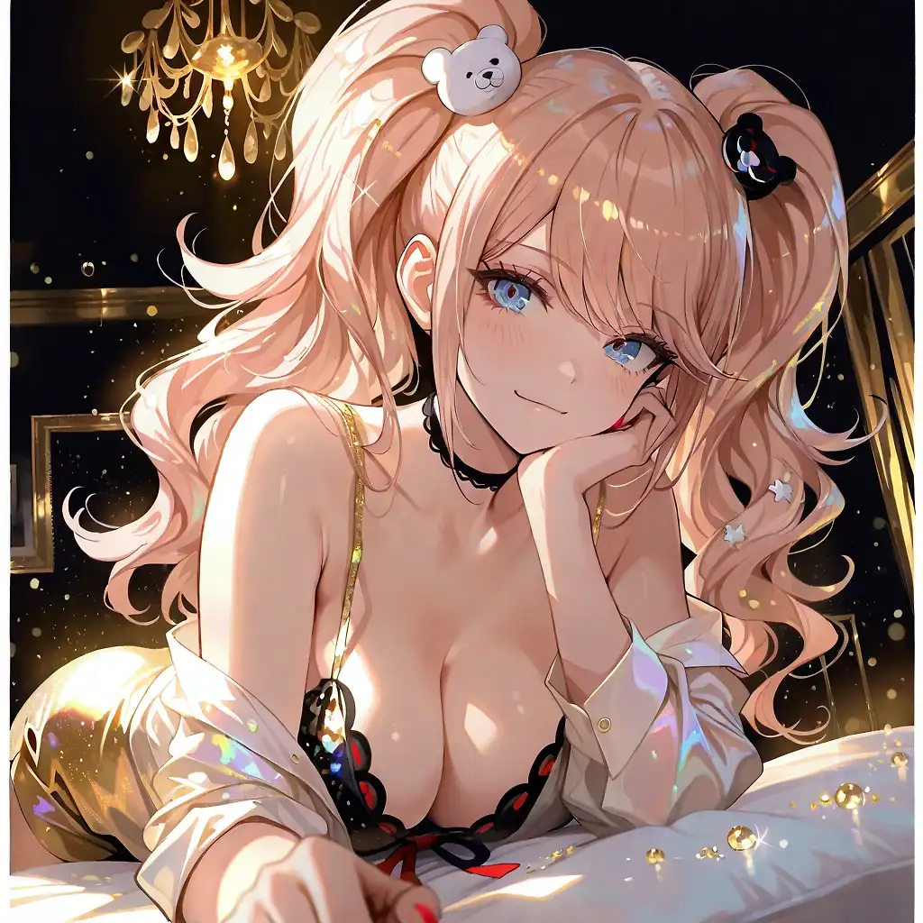 AI art 'Junko Casting' with user description 'Junko Enoshima’s Despair Diary – Entry: Vanilla Catastrophe

Ughhh, seriously? After EVERYTHING? Giant cocks splitting me open like I was a cheap onahole, gangbangs that lasted days until my holes were swollen meat-sleeves, being chained in that disgusting public bathroom while an entire city took turns using my body like a free cum-dumpster for months… I thought I’d finally hit rock-bottom despair. My pussy and asshole were ruined masterpieces, loose, dripping, claimed by thousands. But no true despair. Just boredom. Monotonous, predictable, empty pleasure-pain that stopped exciting me weeks ago.

So here I am, Junko Enoshima, Ultimate Despair, 18 and desperate enough to try… vanilla. With HIM. Some plain guy with a cute little dick. Smaller than my pinky when soft. Pathetic. I posed for him first, striking my best supermodel despair-pose in the dim room—hips cocked, chest out, that signature wild grin plastered on my face. “C’mon, loser~ Take in the view before you disappoint me like everyone else!”

He stepped close, eyes calm, almost gentle. His hands were steady as he peeled my clothes off slowly. No ripping, no slapping, no choking. Just… removing them. My jacket, blouse, skirt, lingerie—all gone like he was unwrapping something precious. My massive tits bounced free, my extremely used pussy already glistening from habit, my whore asshole twitching from muscle memory of brutal invasions. I dropped to my knees dramatically. “Time for the main event, small-fry. Make me despair or I’ll—”

I took his small cock in my mouth. It fit so easily. No jaw ache, no gagging. Just warm, smooth skin. I sucked him lazily at first, swirling my tongue, expecting nothing. But he groaned softly, fingers threading gently through my blonde hair, guiding without forcing. Something in the way he touched me… different. I sucked harder, hollowing my cheeks, looking up with my trademark crazy eyes. His hips moved in slow, deliberate thrusts. Not skull-fucking. Loving it. My pussy throbbed unexpectedly.

He pulled me up and laid me on the bed. Missionary first. Boring. His small penis slid into my ruined, sloppy cunt with almost no resistance. “Hah… see? Nothing there for me, tiny boy~” I laughed, but the position felt… off. Too shallow? I shifted, trying to find friction, but it wasn’t hitting anything good. I was about to fake a moan when he changed everything.

He grabbed my hips firmly, flipped me like I weighed nothing, and handled me like a bitch in heat. Doggy, then prone bone, lifting my ass high while he thrust with perfect rhythm. That small cock—somehow—rubbed exactly where it mattered. My overused walls clenched around him, sensitive from all the abuse, and the gentleness mixed with his sudden dominance made my brain short-circuit. “W-what the—? Ahh~!” I wasn’t acting anymore. He fucked me like he knew every ruined inch, steady, deep enough, controlling my body effortlessly. Thousands of men, giant dicks, and this small one was making me wetter than ever. I came close, trembling, until he groaned and pumped his load deep in my pussy. Hot, thick spurts. I shuddered.

But he wasn’t done. He pulled out, aimed at my gaping, city-fucked asshole. “No way… that tiny thing in there?” I scoffed, but my voice cracked. He pushed in slowly. Even after monster cocks had wrecked it for months, his small penis felt… intimate. Filling just right. No pain. Just delicious pressure. He fucked my ass with the same masterful control—slow at first, then harder, gripping my waist, slapping my ass lightly, whispering filthy praises. My body betrayed me completely.

Ecstasy exploded through me. My first true orgasm—real, soul-shaking, not the fake despair-tinged spasms I’d faked for years. “Fuuuuck—! Yes! Right there, you bastard!” I screamed, eyes rolling back, drooling, pussy squirting onto the sheets while my asshole milked his small cock like it was made for me. Waves of pure bliss crashed over my despair-craving mind. No pain. No humiliation. Just perfect, vanilla pleasure I’d never known.

He came deep in my anus too, flooding my wrecked hole with warm cum. I collapsed, twitching, smiling like an idiot. Not despair… but pure ecstasy. Junko Enoshima, broken by the smallest, kindest cock she’d ever tried.

Who knew vanilla could ruin the Ultimate Despair?'