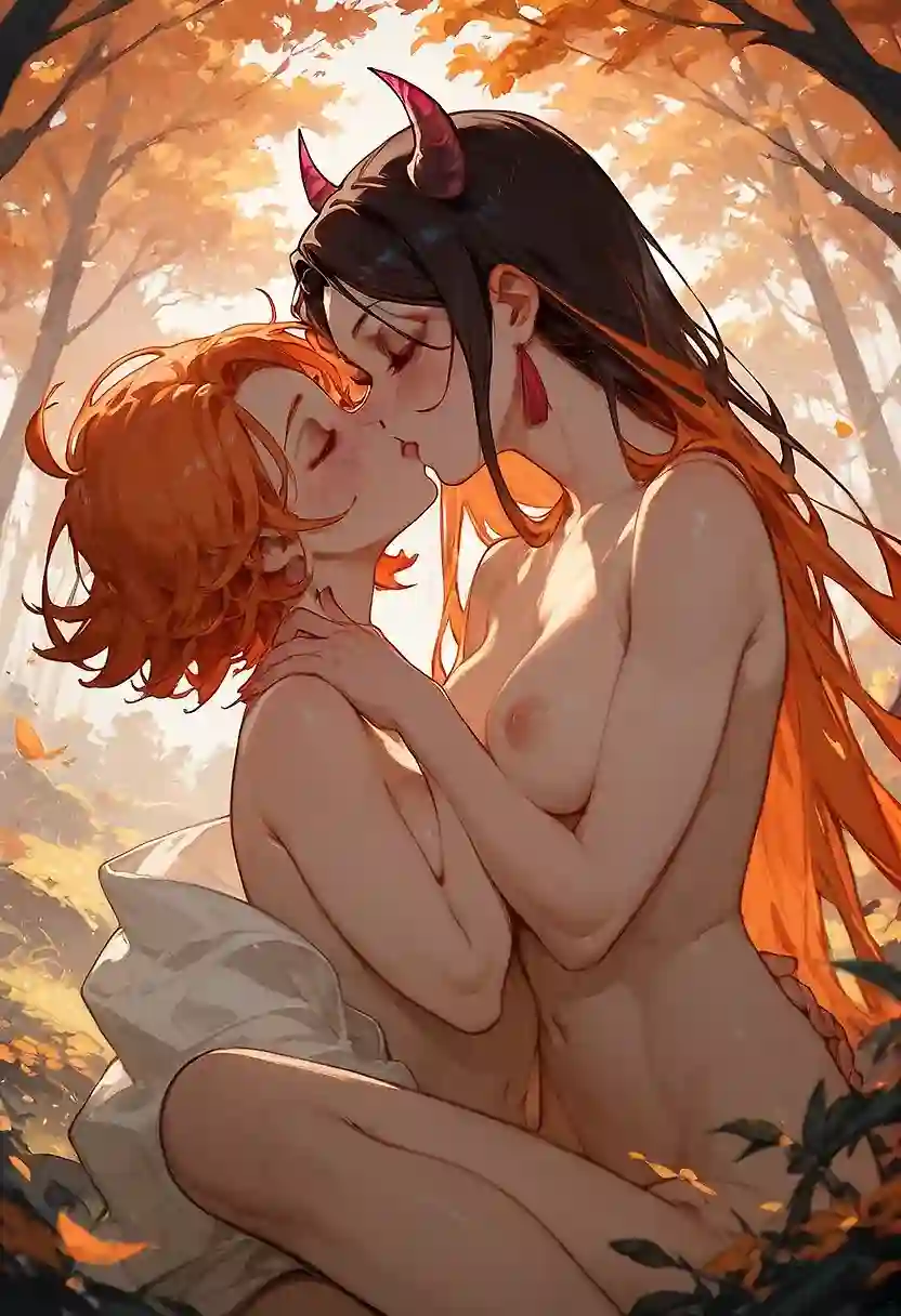 AI art for prompt: '2 girls lesbian Nezuko and shinobu from demon Slayer kissing in the woods naked'