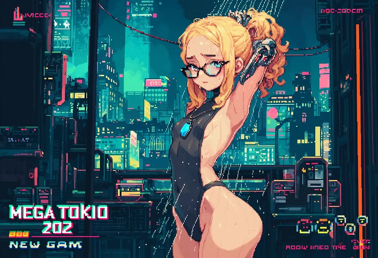 AI art '🦾 Hanna's level one, the shower 🚿 (Mega Tokyo 2032 AD)' with user description 'This first level was smooth like silk and beautiful 😍 

Hanna has a lot to offer, I don't know why they choose showering as first mission, when the shooting starts?

@gildenstein my friend, this is the main piece of my tribute to you, I really love your work. 2032 subs in no time! 🦾😘'