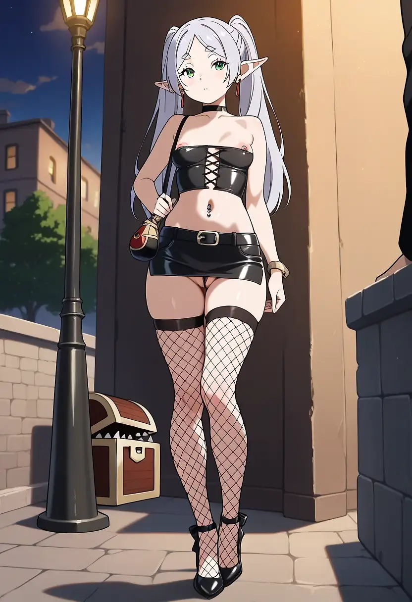 AI art 'Frieren working the streets.' with user description 'Her pimp in the back makes sure she brings in her quota'