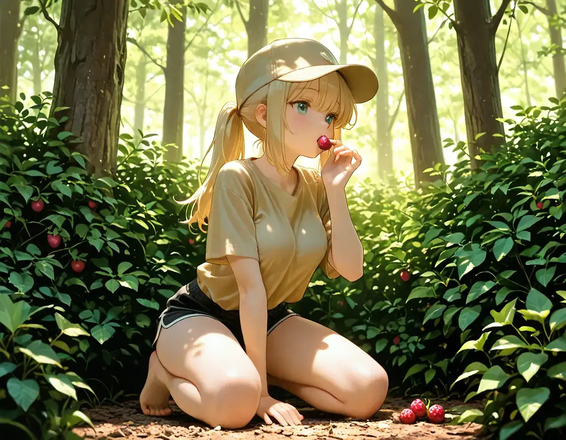 AI art 'Running right through her' for prompt: 'in forest, khaki tshirt, black shorts, khaki hat, medium breasts, blonde ponytail, kneeling in front of a berry bush, reaching for bush, eating a berry'