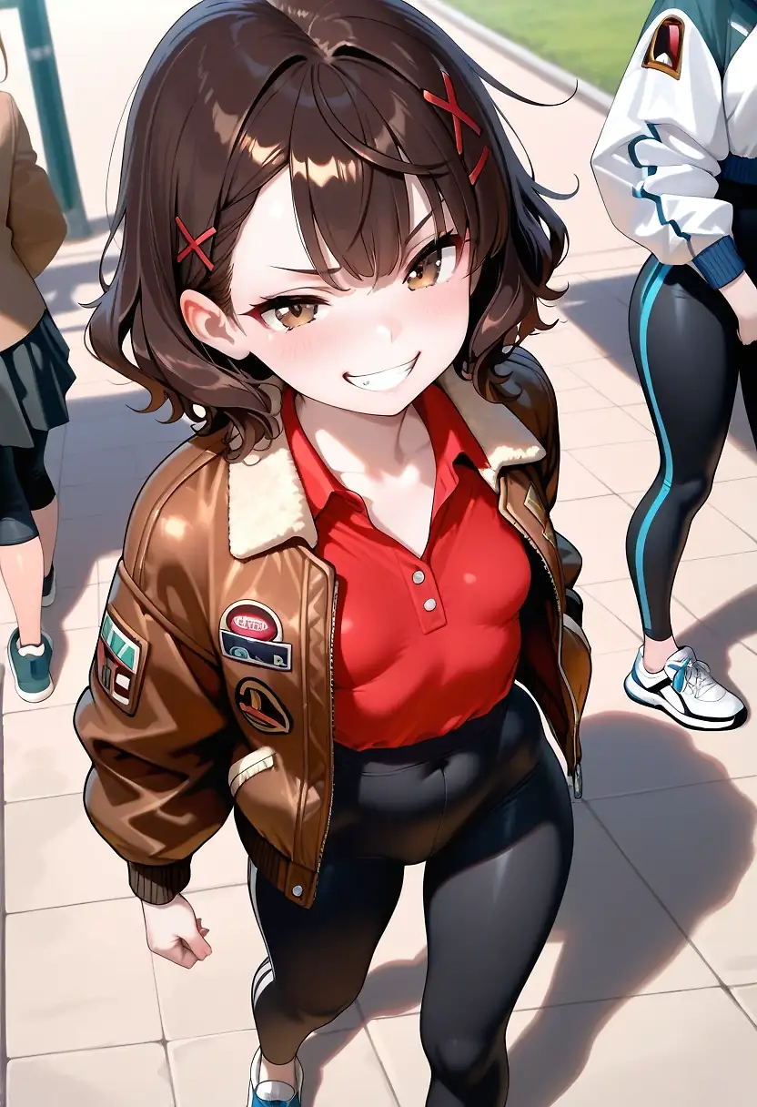 AI art 'Mitsue Tamaki: Tomboy OC' with user description 'Ever meet a girl who felt more like "a bro who happens to be female?"

Meet Mitsue Tamaki:

Age 22
Birthday May 15
Likes: Fitness, video games, fast cars, masculine men, kinky sex acts, being called "cute", cosplaying
Dislikes: Being called "one of the guys",  loud music, greasy food/cheap fast food

Wears:

Red collared shirts, bomber jacket owned by her grandfather, yoga pants or skinny jeans. Sometimes a tracksuit. 

Character info:

Short wavy hair, X hair ornaments. It's not really long enough to tie back. 

Brown tsurime eyes. 

Grins a LOT. 

Best friend is "Tadarashi Nonoka" (Not introduced yet) 

Loves to be spanked, bitten, tied up, etc. She's very kinky. 

Strictly hetero. 

Larger than average areolae

Pale skin, but she does go outside. (APPLY THAT SUN LOTION)'