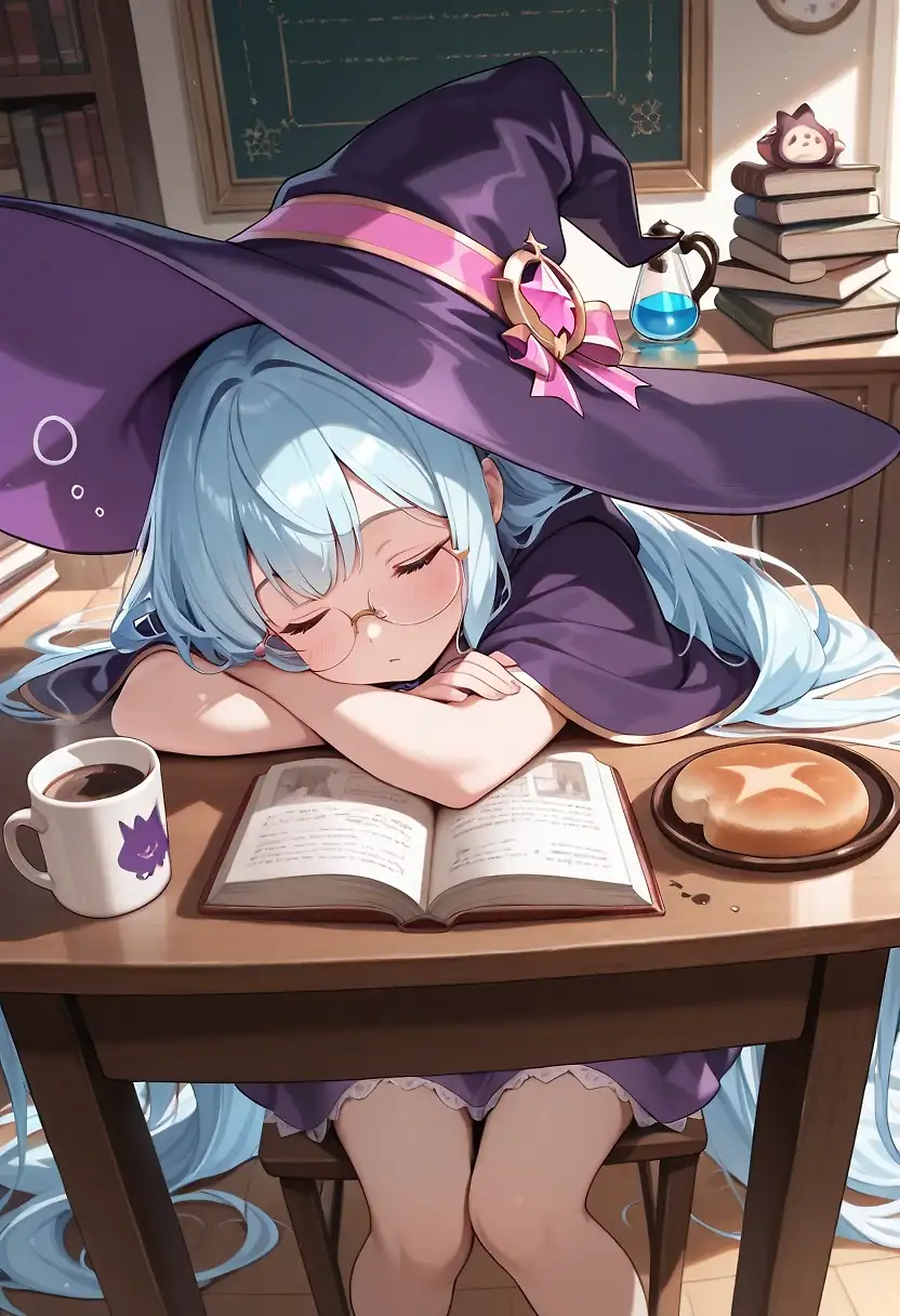 AI art 'Morning after a late night' with user description 'Runie, one of my OC's. She's studying hard to learn alchemy. Maybe too hard.'