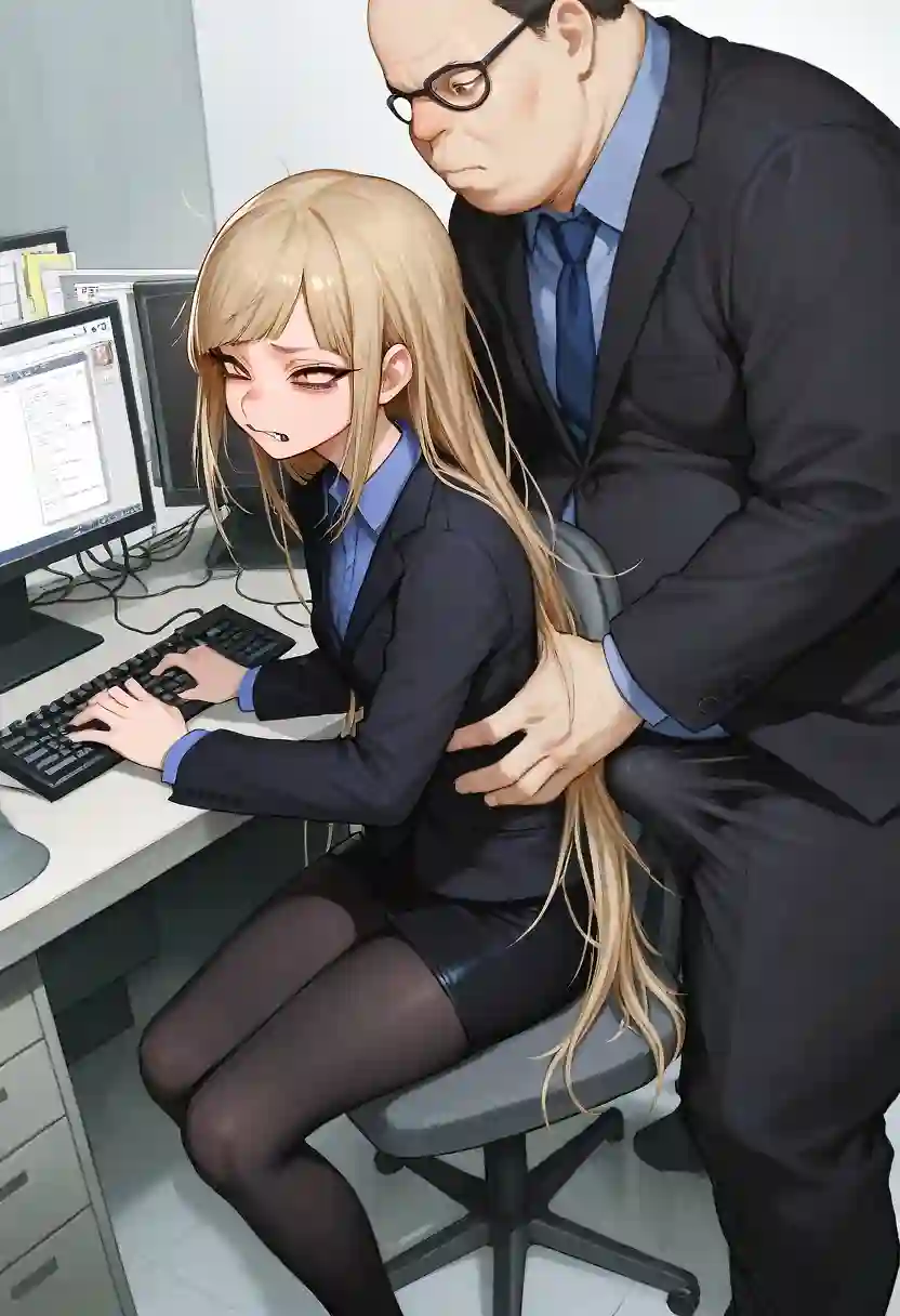 AI art 'Unwanted advances' with user description 'This is what she has to put up with at work.
Is it any wonder why she hates her job.
No one speaks up, and there is no HR...

She should just leave imo.'