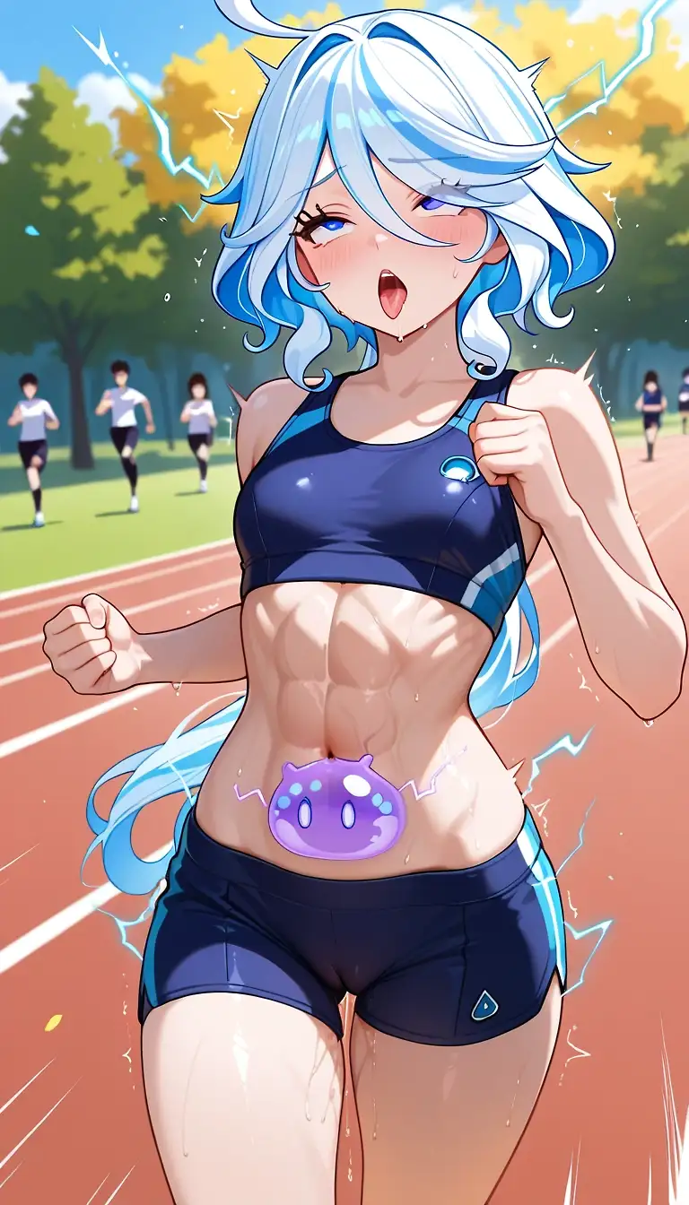 AI art "Furina jogging with her pet slime"