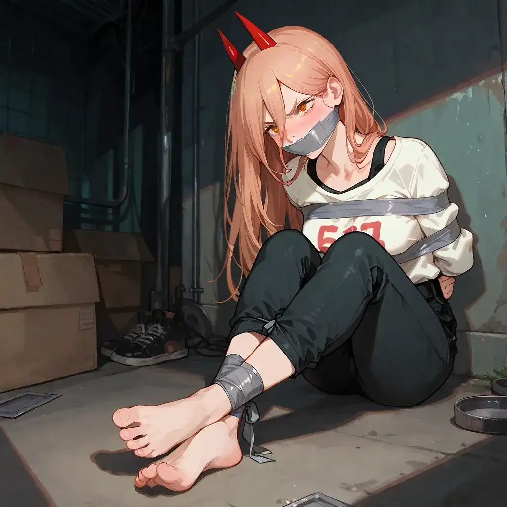 AI art 'EP.1 WHERE'S DENJI?!' with user description '"Power went a bit too far while searching for her cat.
She has been noticed by the power-nullifier, an anti demon-entity.
He restrained her in his basement and started to teach her how she should behave.
She tried to fight against the tape, but without her blood it was impossible to escape.
She doesn't seem that happy...
Is Makima behind this?
Power is already thinking about her revenge.."
Ok, this time I tried to create a sort of storyline as I imagined it while I was creating the pictures, I hope you'll enjoy it...
Who's next?.'