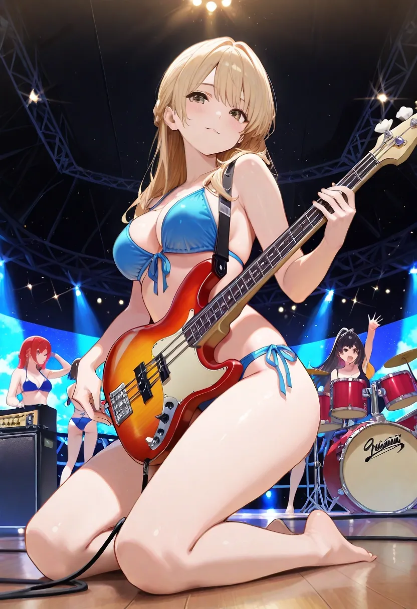 AI art "The Surfin' Sirens" with user description "The Surfin' Sirens, a recently formed all-girl surf band, are seen here doing a show in their Southern California hometown of Hawthorne. The band members are aware that Hawthorne was also home to The Beach Boys. The Sirens are very knowledgeable about Beach Boys lore. They also revere Brian Wilson."