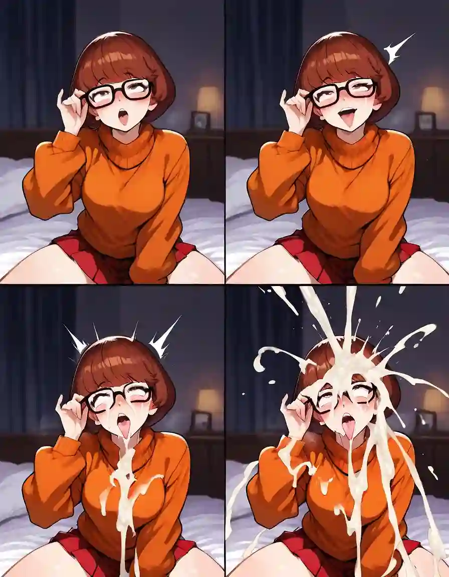 AI art 'Scooby Doo was it you?' for prompt: 'Four Pannels, image sequence, Excessive Cum on glasses, taking huge cumshot on glasses, Velma, naughty face, surprised, ahegao, orange sweater, red pleated miniskirt. adjusting glasses.
bedroom
1mam'
