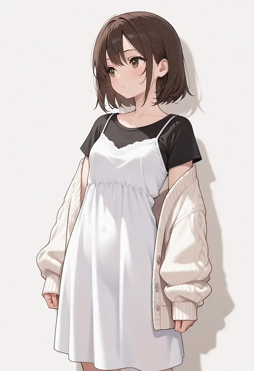 AI art '【初投稿】' with user description '初めて投稿します。
茶髪ショートボブ、白いキャミワンピとゆるふわカーディガン、なんとなく思いついた要素を入れて可愛い子ができたんではないかなと満足してます(笑)
#ショートボブ #キャミワンピ #ちっぱい #微乳'