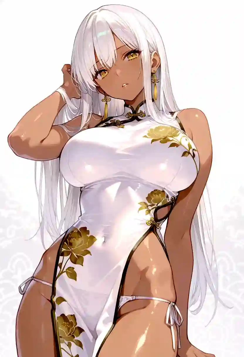 AI art 'Made in China part 1.' for prompt: 'White_china dress.
peony print
pelvic curtain, hip bones,
lowleg side-tie panties,
Sugestive pose
Parted lips
glossy lips.
Yellow eyes.
Dark skin.
White straight hair.
shiny skin.
Earrings
Golden details
Looking at viewer.
Shoulders,
Big breasts,
Adjusting hair'