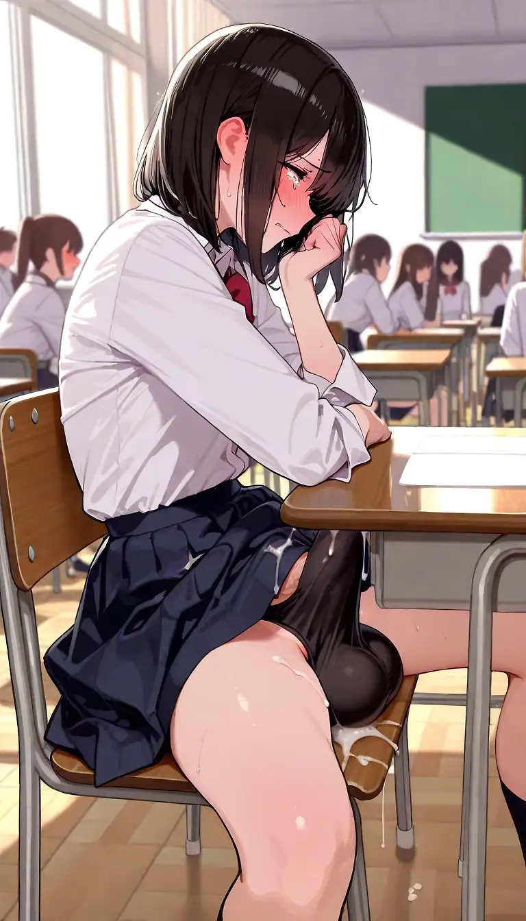 AI art 'A small problem in public - In the middle of a class.' with user description 'She was reading an erotic fanfic during recess. It was so well-written that it really turned her on... She tried to prevent anything bad from happening in the middle of class, but rubbing her legs together wasn't the best idea... Then, the feel of her underwear against the desk finally triggered the pleasure... Would her classmates notice? Or would she be able to sneak off to the bathroom without being caught? The latter seemed unlikely... Maybe she will learn a lesson today...'