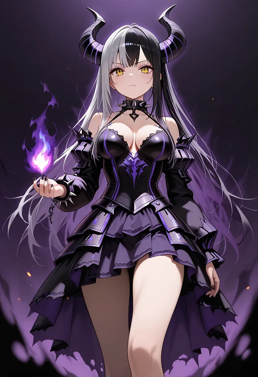 AI art "V (oc) demoness princess" with user description "Vera or v as she prefers to be called, is a several thousand year old demon princess. Don't let her looks and her being a princess she is anything but pampered. Trained in the mythic arts, well versed in high tier magic and being one of few to wield a unique style of hell flame she is as dangerous as they come. At least until she decides its time to strip and relax"