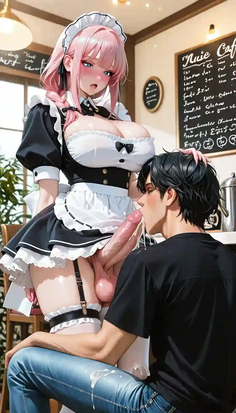 AI art 'Futanari Maid of Akihabara 2' for prompt: 'masterpiece, hyper realistic,futanari girl with maid dress, large tits large cleavage,long pink hair with braid and kawaii makeup, blue eyes,legwear_garter, male on knees suck futanari large cock, futanari blush and drooling, massive cumshot,boy short black hair, male wear shirt, jeans, maid cafe,femdom,'