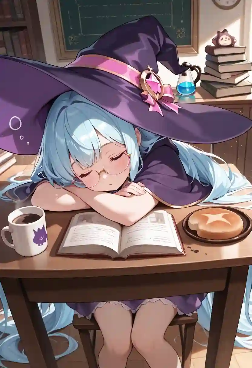 AI art 'Morning after a late night' with user description 'Runie, one of my OC's.  She's studying hard to learn alchemy.  Maybe too hard.'