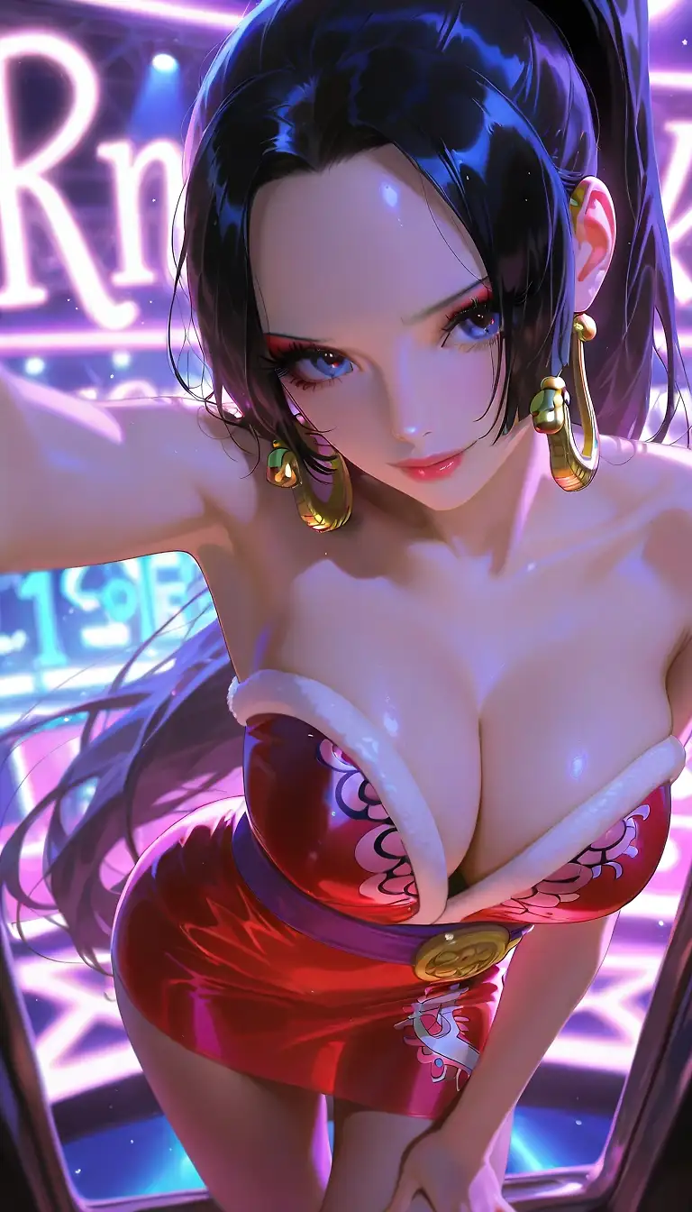 AI art 'Girls Night! (One piece)' with user description 'Boa Hancock, Nico Robin and Nami decide to take a much needed break on the search for the one piece! 🍸 ❤️ 💙 💜 🍸'