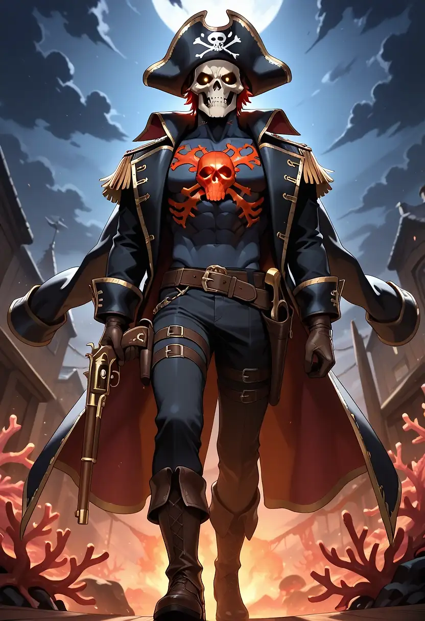 AI art 'Dread (oc) draugr pirate lord' with user description 'There was none more ruthless in all the worlds on the seas then dread. For numerous crimes he was cursed to live even when dead, to haunt the seas, seek out traitors and the worst criminals.'