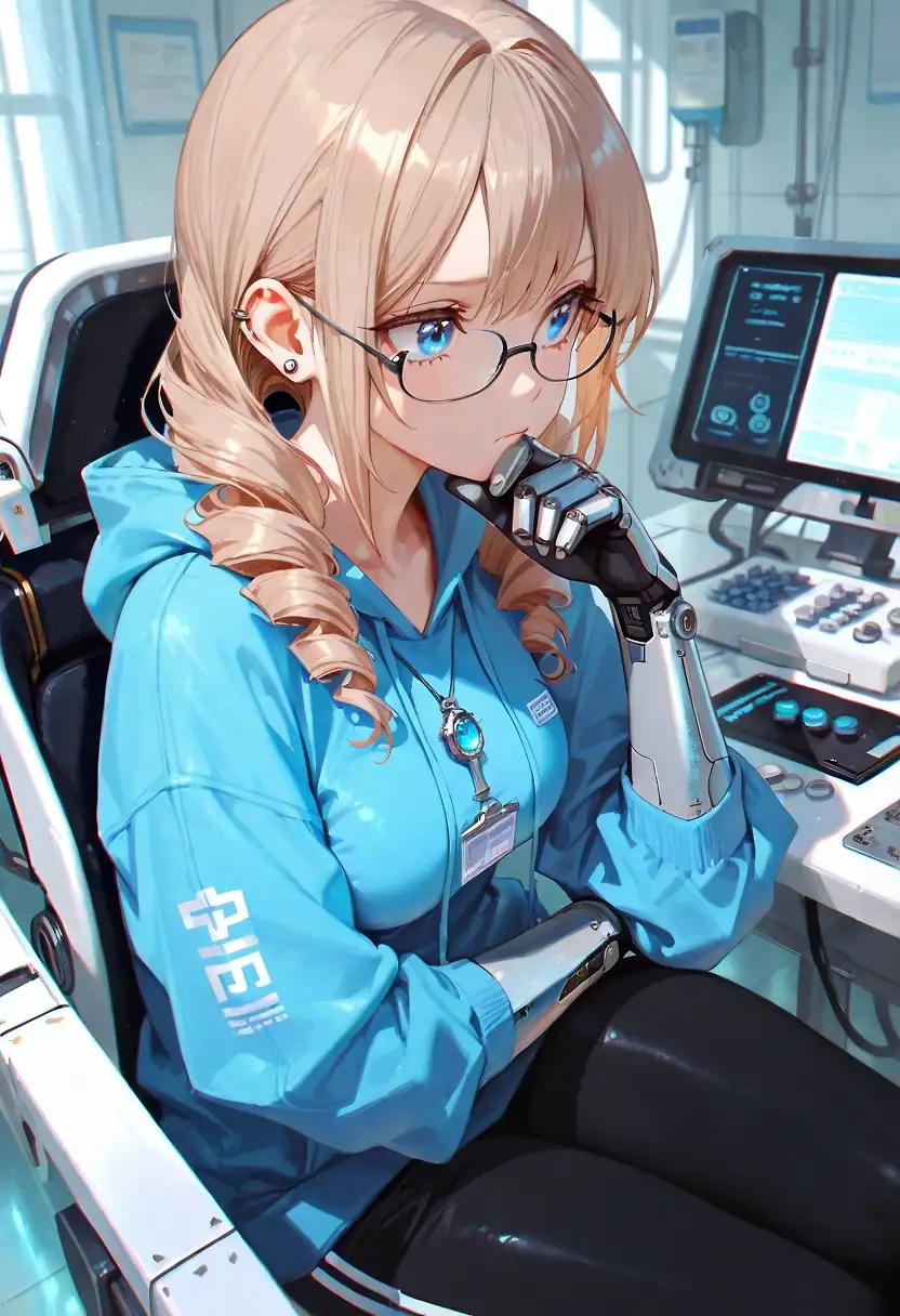 AI art 'Cyberpunk Hana Backstory Part 4' with user description 'Did realy smiled? I don't remember when did the last time i... as Ryu and i... before all this... oh Ryu where are you, why are you not here when i need the most.

Suddenly the door to my room opens and voice pulls me out of my thoughts. 

Akiko: Hana i forgot that i have to give...

She stops mid-sentence when she sees my startled face expression.

Hana: Y... ou scared me almost to death...
Akiko: I'm so sorry Hana, i didn't noticed that your mind was elsewhere.

She looks embarrassed, as i regained my composure.

Hana: It's ok you scared me that's all. Why did you come back?
Akiko: Oh yes, the man who brought you here gave this data stick for you. I forgot to give it to you. Sorry.
Hana: Ryu was here? When?
Akiko: Ryu what a nice name. He watched almost the howl 2 days as you sleeped over you, but not long before you have awakened he left. He told me to hand over the data stick to you.
Hana: He watched 2 howl days over me?
Akiko: Yes he did.

She smiled at me and hold the data stick in her right hand. She steps over to me and gives the stick to me.

Akiko: Hana i'm realy sorry for scaring you... As compensation, i'll tell you something about your Cyberarms. 

She bent over, covers her mouth with her hand whispers in my ear.

Akiko: They have a hidden calibration mode, that you can activate yourself if you know how. All micro and gyro motors will be ativated and they let the howl arms vibrate. This works wonders when you feel lonely.

Then she explained how to activate the calibration mode... My face truns red and i feel ashamed, i simply want to disappear into the ground.

Hana: Akiko!
Akiko: You are welcome! Now i realy have to go. Bye.

She turns around an leaves the room. After a few minuts i got my normal face color back, i still hold the data stick she gave me. I insert it into my dataport and open the massage on it. It's from Ryu, so i started reading.

Dear Hana, you still not awake after 2 days. I sorry i can't stay any longer, i've to report over our last mission. The squad was temporaily disbanded, we will be distributed among ohter units. After your recovery, you will  be assinged to the homicide squad. I hope we don't have to expect too many consequences. I'll not be able for sometime to contact you and that i feel sorry. I'll try as soon as i can.

I read the message over and over again. The squat was disbanded and they assinged me to homicide? What's going on here? I've to find out more over the OMS... calibration mode... mirco and gyro motors... vibrating... My face is turning red again... damn Akikio!'