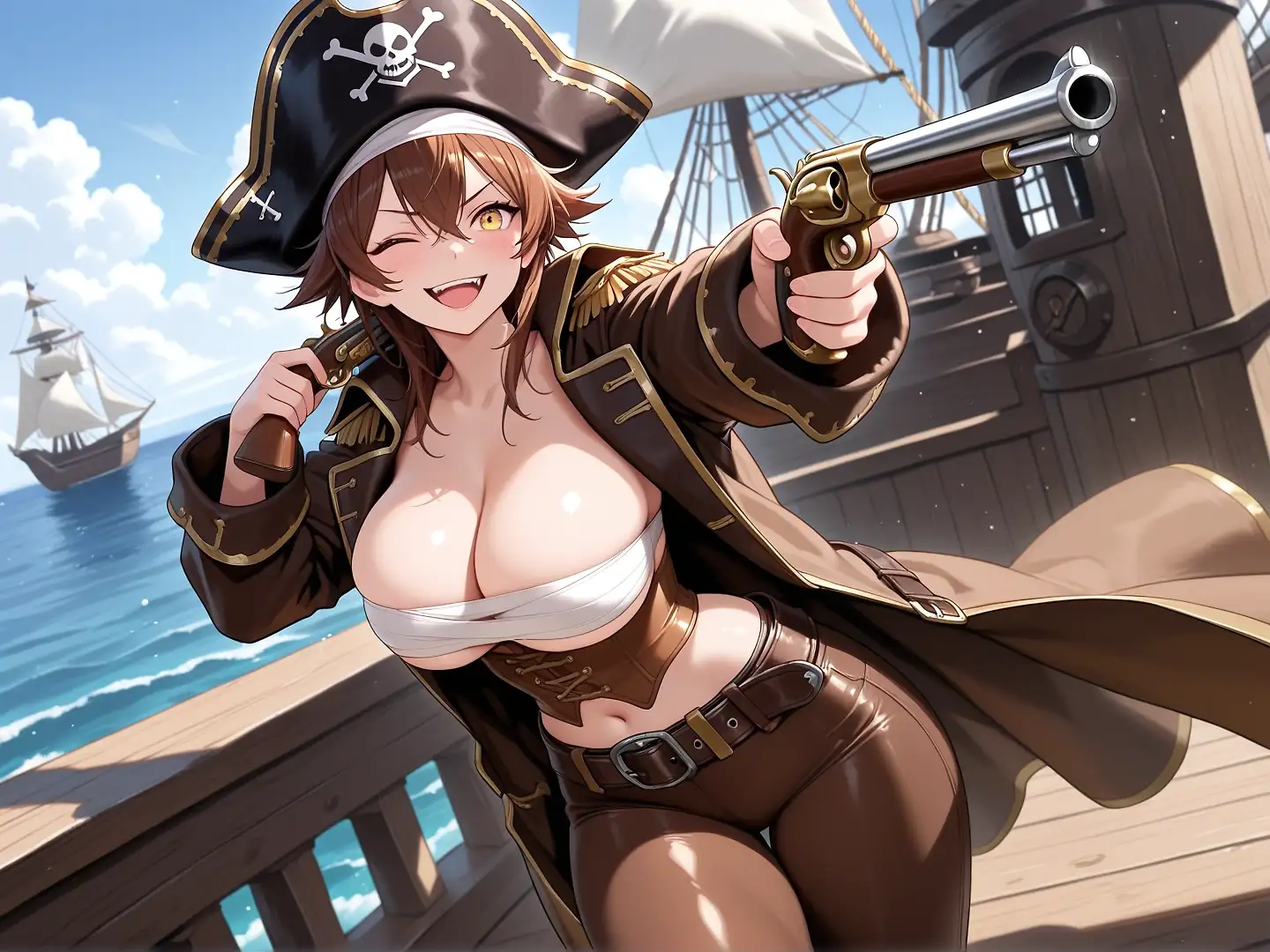 AI art 'The Sinful Sirens 🏴‍☠️' with user description '“We heard there’s treasure ‘round here~” ☠️

This here is the crew of the Sinful Siren! Come meet these lovable and deadly pirates, just don’t get too close or they’ll rob you blind 💀

1. Amelie: Amelie was born into a rich family in the French bayou. Her whole life, everything was decided for her. Her family decided how she would dress, act, marry, everything. Her only comfort was hearing stories of pirates, told by her caretaker. She was envious of their freedom and disregard for rules, and grew up admiring the pirates she heard about in those stories. As she grew older, the mistreatment from her family got worse and worse, and she needed a way out. On her 18th birthday, she heard that there were pirates docked in the harbor. Seeing this as her only way to escape, she snuck onto the first ship she saw. After the ship set sail, she was found by the ship’s wild captain, who threatened to hold her as a hostage. Amelie pleaded to let her join the crew and threatened to throw herself overboard by standing on the plank. The captain admired her resolve and agreed to have her onboard. There ended Amelie’s life as a subservient daughter, and her life as a free pirate began. She is Vicky’s right-hand woman, the one that handles all of the important affairs while Captain Vicky naps.

2. Karla: Born into slavery, Karla spent most of her early life in chains. She was separated from her family at a young age and sold to a blacksmith, who took pity on the child and taught her how to wield a sword and, more importantly, a pistol. Karla spent some years with the blacksmith until tragedy struck. Some local ruffians broke into the blacksmith’s shop and killed him as they tried to escape. It wasn’t long until she ended up on the streets, doing whatever she could to survive. On one fateful day, she picked the pocket of a navy admiral, who threatened to kill her. Luckily, a pirate intervened and the two were able to dispatch the navy admiral and his men in a shootout. Impressed with the thief’s ability with a flintlock, and seeing her dire situation, the captain brought her aboard the ship as the firearm specialist. Now, Karla sails the high seas, no longer having to steal for her next meal; now she does it for fun. 

3. Ant: Ant is the youngest member of the crew, and Captain Vicky’s younger sister. Often sick as a child, she found herself stuck indoors and rarely able to go into the world. Due to her small and frail frame, she was always weaker than kids her age and was constantly targeted, hence her nickname. This led to her being extremely withdrawn from those around her. The only person that made her feel welcomed was her sister. Her sister was always there to fight her tormentors and shut anyone up that was putting little Ant down. It is unknown how Vicky commandeered a ship, but as she was getting ready to set sail, Ant stopped her and begged her to be able to leave with her. Vicky denied at first, but seeing Ant’s desperation to leave and her resolve to repay her sister’s kindness, Vicky agreed. The two have been inseparable ever since. While she can’t fight, wield any weapons, or even read a map particularly well, she’s great at cleaning the floors of the deck.

4. Captain Vicky: Little is known about Captain Vicky, since she never talks about her past. What we do know is that she is Ant’s older sister, and from a young age has always looked out for her. At some point, the two left home and set sail for the high seas. They set out to assemble a crew that valued freedom and loyalty above all, and they maybe have done just that. Captain Vicky is wild, carefree, and never backs away from a challenge. While she may not seem to care for herself, she certainly cares for her crew and would defend them with her life. Her vessel is known as the Sinful Siren.

Let me know what you guys think of these sinful sirens! This is my contribution to the pirate trend that’s going on (I didn’t wanna miss out 😅) but I may just do more with them. I kinda like these sirens. Let’s see more pirate ladies!'