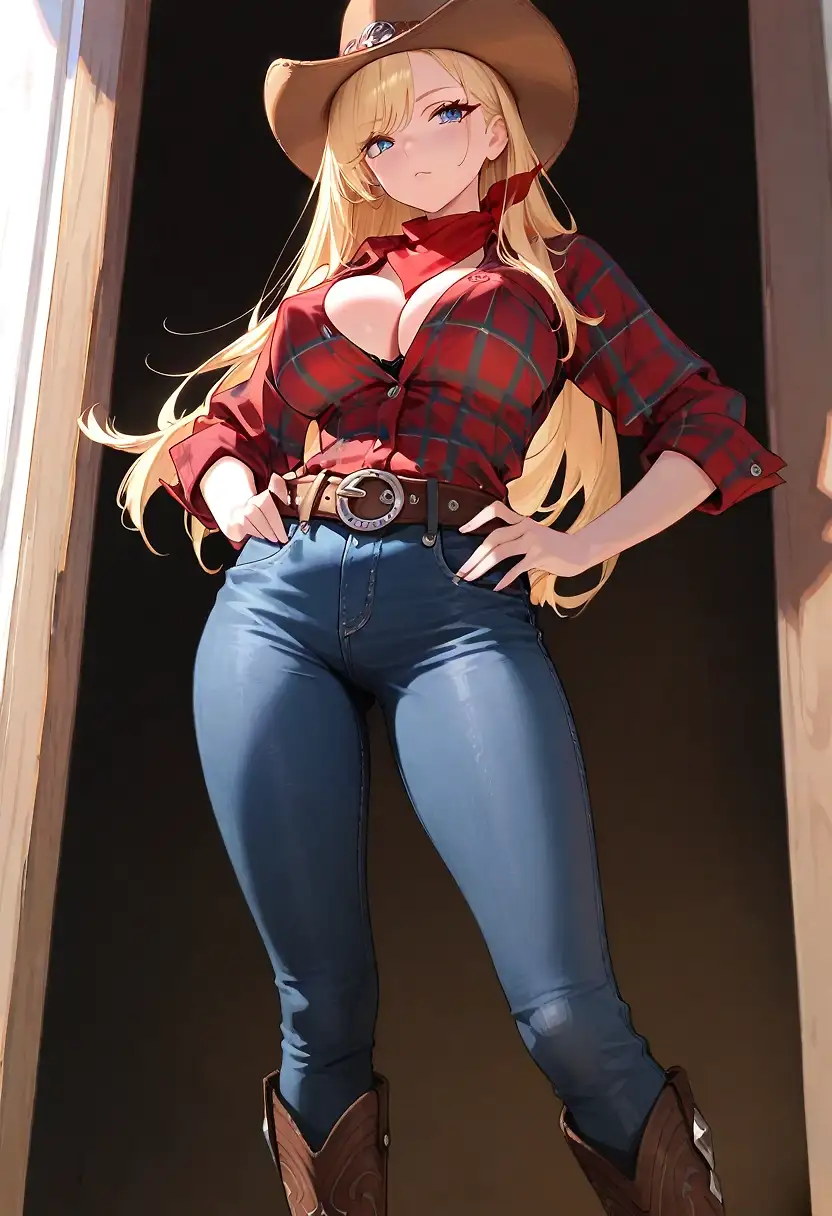 AI art 'A Cowgirl Looking For A Cowboy' with user description 'Caitlin Hennessy's a strong-willed woman. Whatever she wants, she usually gets. Right now, Caitlin's feeling hot and horny. She's just outside the door of a roadside saloon, looking at men coming in to either shoot pool or drink beer. Caitlin's just about to back inside when she spots a fella walking toward the saloon. Caitlin looks him over, finds him attractive, and looks at the man's crotch. "Well, boy howdy," she thought. "Things are lookin' up. Unless I'm mistaken, that dude's hung like a Clydesdale!"'