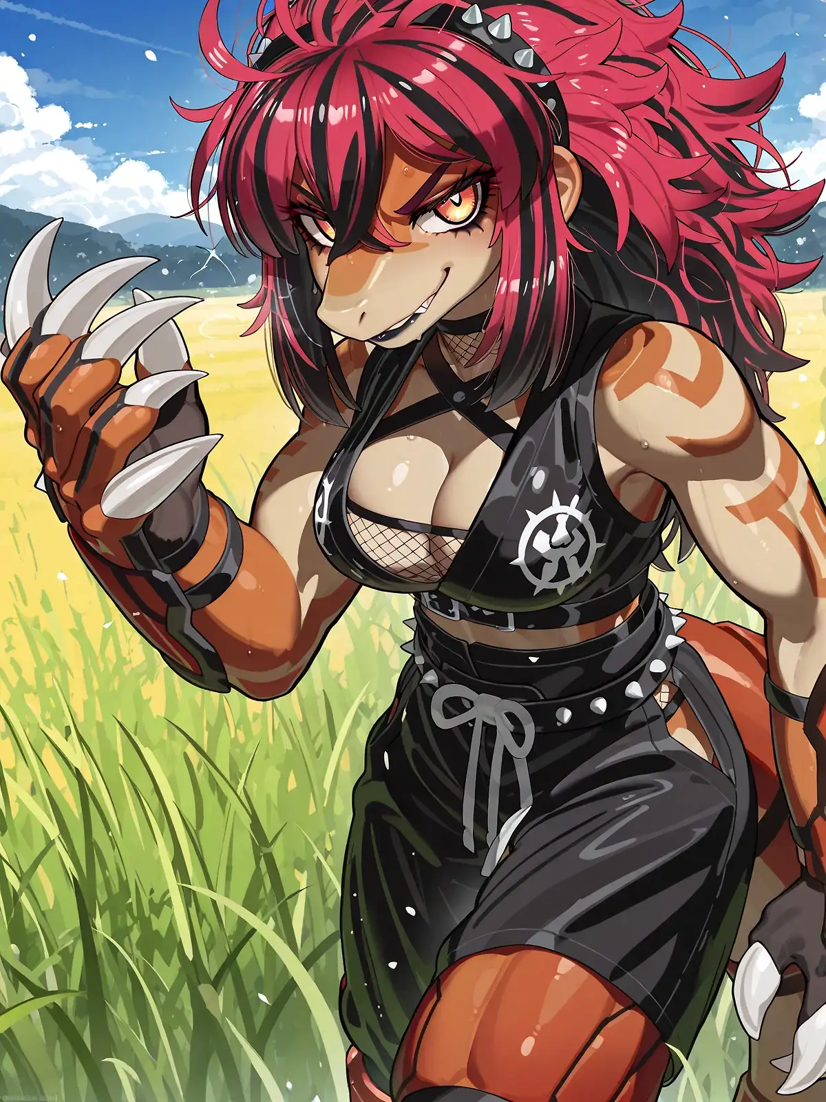 AI art 'Pokegirl Muscle Mommies: Groudon' with user description 'There isn't enough Groudon love IMO I know the number of fingers in the first one is messed up, but I just love the design!'