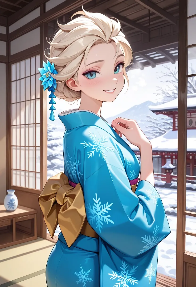 Elsa in a kimono in a snowy forest