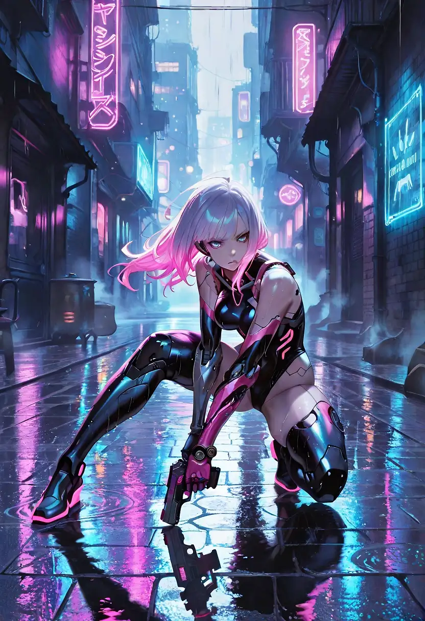 AI art 'Cyberpunk mania 😇' with user description 'These are the out comes from the 3 samples chatgpt created for me without Hanas prompts. Even on it own they are amazing 🥰

The frist was the base for Neon Light Hana.'