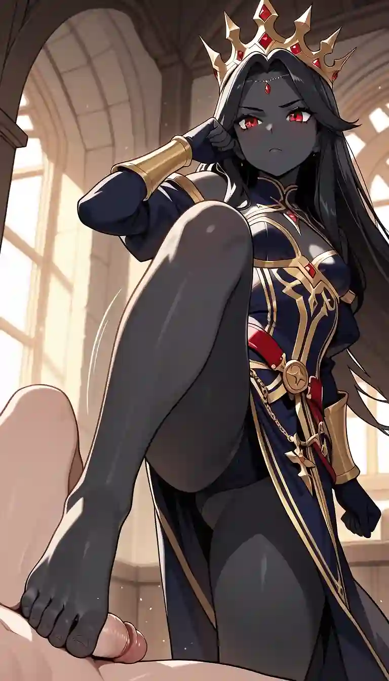 AI art 'Balthazar gift' with user description 'Queen Balthazar always wants to be in control and have men at her feet... literally. First, she treads gently but firmly, then skillfully caresses to bring the lucky man to climax. Secretly, she loves feeling the semen on her feet and legs, but she doesn't much care when the spurts reach her private parts... She feels no one deserves that honor.'