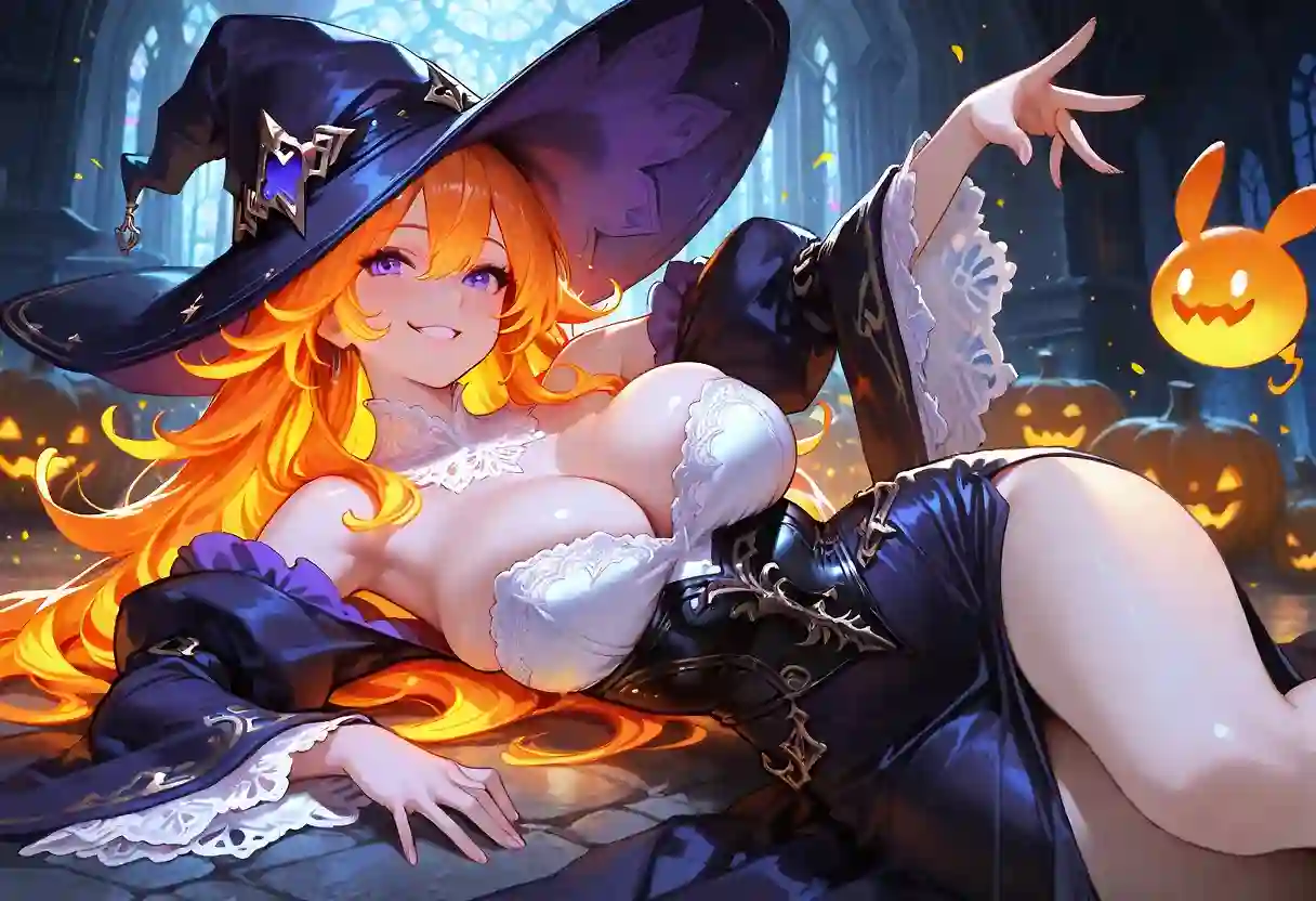 AI art 'Who said witches are bad?' for prompt: 'Witch, Purple off-shoulder dress, strapless, White lace trimmed top neck and sleeves, bursting breasts, Orange Long glowing hair, playful smiling at viewer, hat, sexy, Long slit skirt, dynamic action, fantasy art, black underbust, Long plunging sleeves, ornate details, lying'