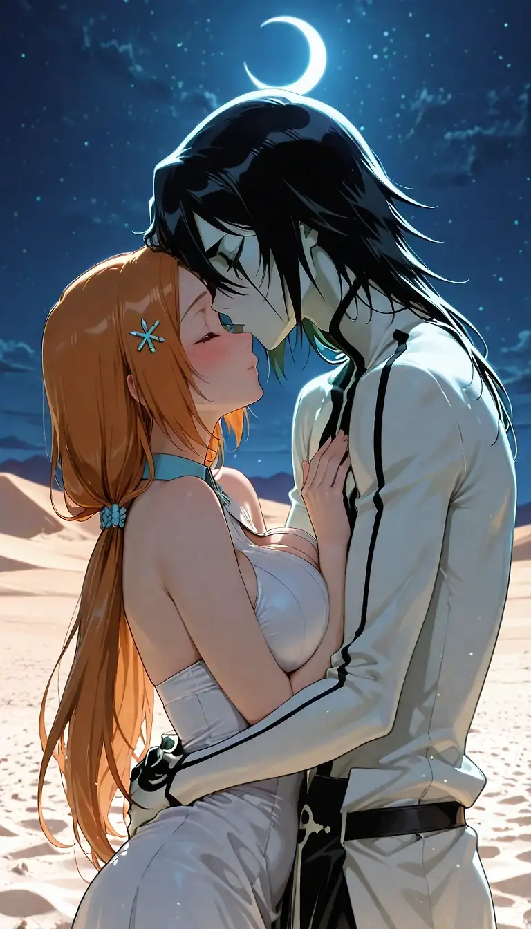 AI art 'Inoue and Ulquiorra secret love' with user description 'If Ulquiorra had decided to betray Aizen, he could now be the most powerful Hollow in Hueco Mundo and perhaps further his relationship with Inoue... And who knows, maybe Inoue would have decided to be with him and consummate their relationship... I would have loved that ending!'