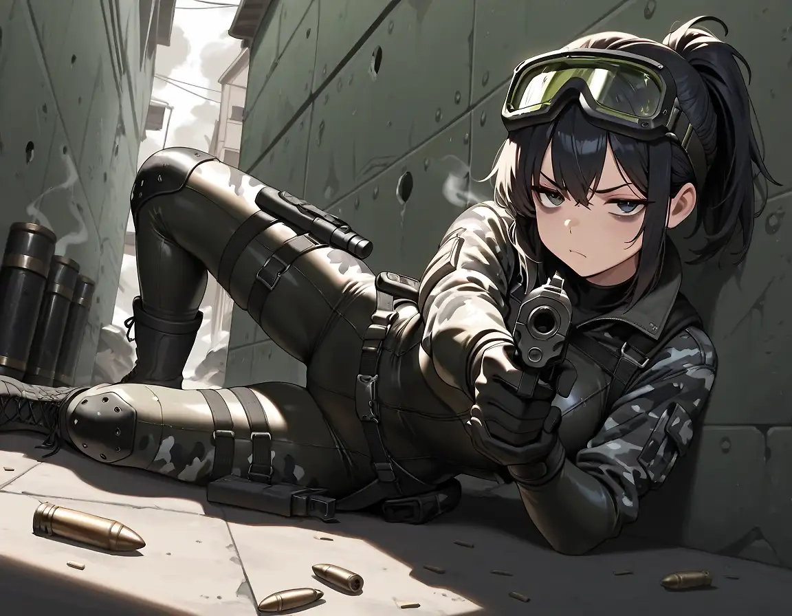 AI art 'Threat Neutralized' with user description 'Meet Stealth-chan, real name [REDACTED].

No matter what's going on, her face betrays nothing and her eyes remain distant, as though distracted by something only she can see.

How many missions has she been on?  How many lives has she taken?  Who is she, really, when the operation is over?

Perhaps not even she knows the answer anymore.'