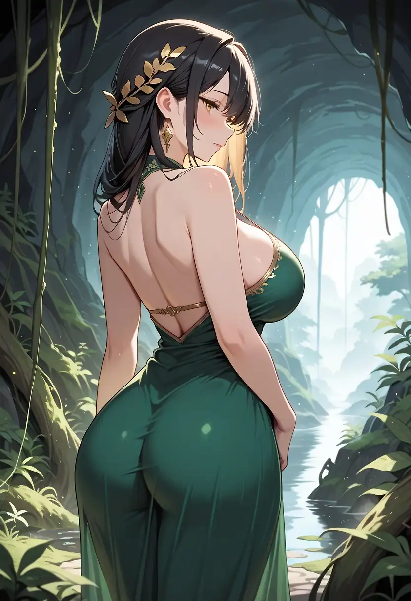 AI art 'Choose Your Own Adventure: Lady of the Woods 3d' with user description '<This post continues from the 2b “follow the lady” decision >

Something doesn’t sit right with you about the fairy.  You can’t put your finger on it,  it something about her eyes makes you uneasy.  You turn away, ignoring the cries as best you can and follow after the lady.  Soon, they fade away entirely.

You walk in silence for a while, following the lady as closely as you dare.  Her creamy skin still calls you to touch and you would rather not tempt yourself.  Still, the whispered swish of her dress brushing her skin as she walked pulled you along as surely as if you had been tethered with a cord.

Soon, a new sound echoed down the cave from somewhere up ahead.  Water.  You emerge into a large open space with an opening in the roof.  The air here is cold but fresh and the water seems to almost glow faintly, its surface illuminated more than the faint sunlight should allow.

The lady turns toward you, her arms outstretched.  “Welcome to the Heartspring.  All you must do to now is bathe in the waters.  If the Woods accepts you, you will be welcome to stay for as long as you like.”

You swallow your nerves and ask what will happen if it doesn’t accept you.

She smiles.  For some reason, her hand drifts to the seam of her dress where her fingers almost absentmindedly begin to undo the sole knot keeping the dress on properly.  “Don’t worry.  You’ve made it this far.  You’ve proven yourself more than you know.”

She steps gracefully into the water as she undoes the knot.  You can see her entire hip now, the whole side of her body in profile like a porcelain statuette.

“This spring is sacred ground though.  You’ll have to remove your clothing.”

She slips free of her shoulder straps and her dress falls around her waist.  Her breasts sit fully exposed.  They are round, plump, but still somewhat perky.  Two perfect handfuls of femininity.  She wastes no time in freeing herself from the last clutches of the emerald green fabric.  It dips through the water as she tosses it aside onto the shore of the spring.

You stand enthralled by her beauty.  Her curves are wide and deep, an hourglass figure worthy of a goddess.  Her skin is smooth and flawless and has a tautness to it that seems almost too youthful compared to her mature assets.  It strikes you again just how unnaturally perfect she is.

Your body is already reacting to the sight of her.  Your arousal rises up again and you fell your heart pumping.

She begins to bathe, gently lifting handfuls of water over her head with all the grace of a renaissance sculpture of Venus herself.  Her wet hair begins to cling to her skin, the dark strands only serving to accent the gentle folds of her back, the ample curves of her breasts, the sloping arc of her lower back.  Water droplets gather on her skin catching the light.

You take a step closer, no longer able to resist.  She turns to you with a slightly disapproving look, but she doesn’t scold you.

“You were supposed to bathe with me.” Her voice was teasing, enticing, like she wanted you to banter back.

You start to mumble something about her beauty, but she closes the distance before you can finish.

“Let’s get those clothes out of the way, shall we?”

She lifts your shirt over your head with no fuss.  As soon as you are free of it, you become very aware of the cool water on your skin.  It’s invigorating.  Just cool enough to wake you up, but warm enough not to make you shiver.  Her hands drift lower and you find yourself eagerly helping her.  In moments, nothing stands between you anymore.

“There, that’s better.”  Her hands linger on your arms longer than they need to.

She told you to bathe in the spring, but the look she’s giving you now… it’s like she’s feeling the draw too.  Like her lips are silently begging for a kiss, her eyes whispering for you to pull her closer.

< Decision Point - Do you bathe in the spring, or do you kiss her? >'