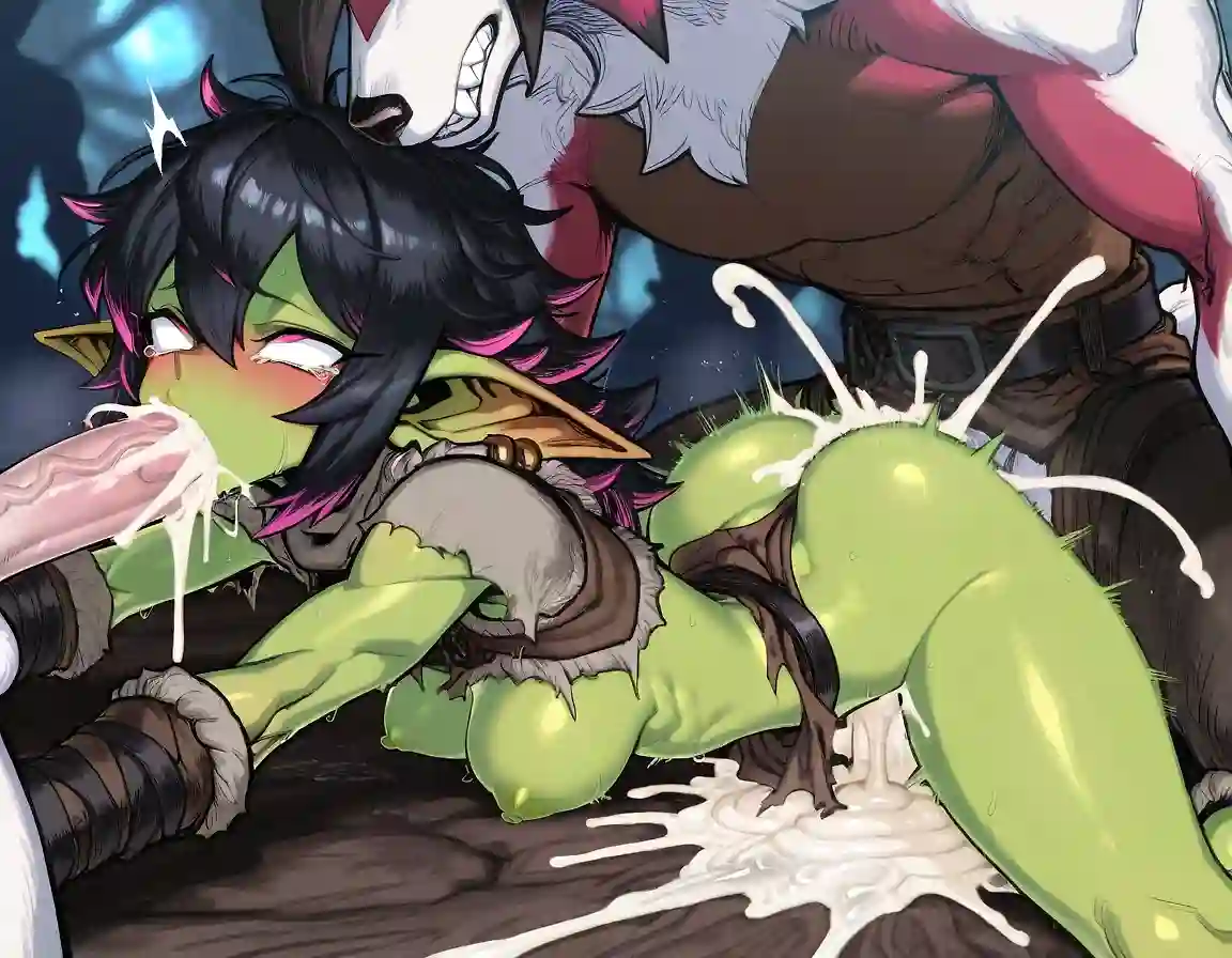 AI art 'Goblin Girl Getting It Hard' with user description 'Another character of mine enjoying some good, messy times ;)'