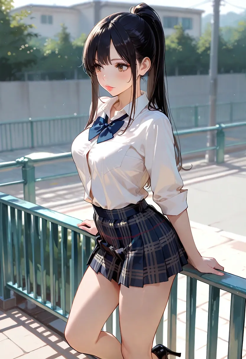 Schoolgirl leaning on a pedestrian railing
